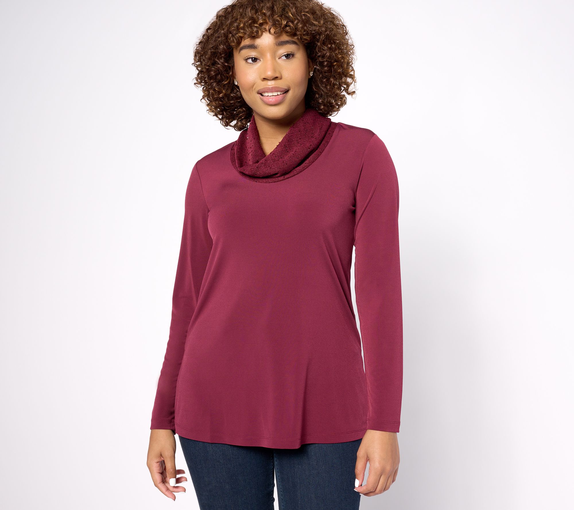 Susan Graver Regular Liquid Knit Tunic with Sequin Cowl-Neck