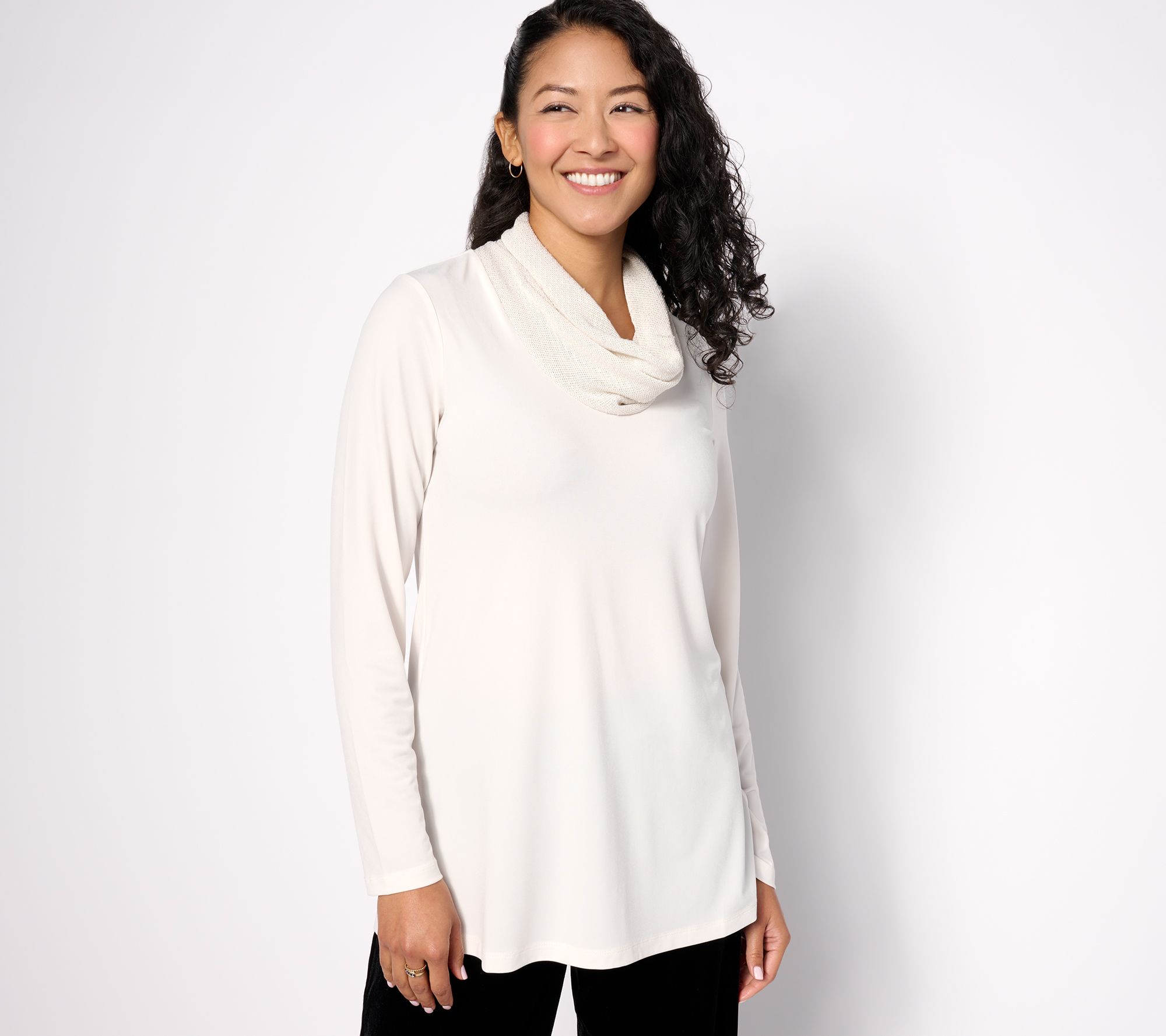 Susan Graver Regular Liquid Knit Tunic with Sequin Cowl-Neck