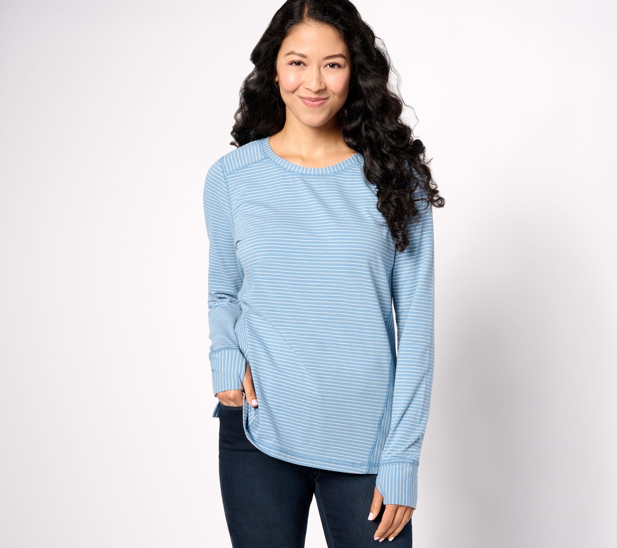 Denim & Co. Active Jersey Striped Coverstitch Long Sleeve Top - QVC.com