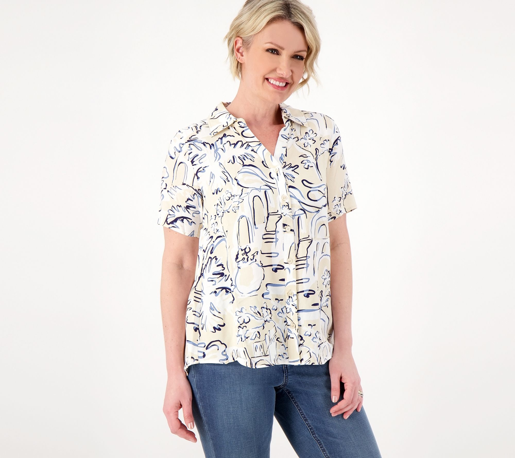 "As Is" Denim & Co. Printed Drapey Camp Shirt