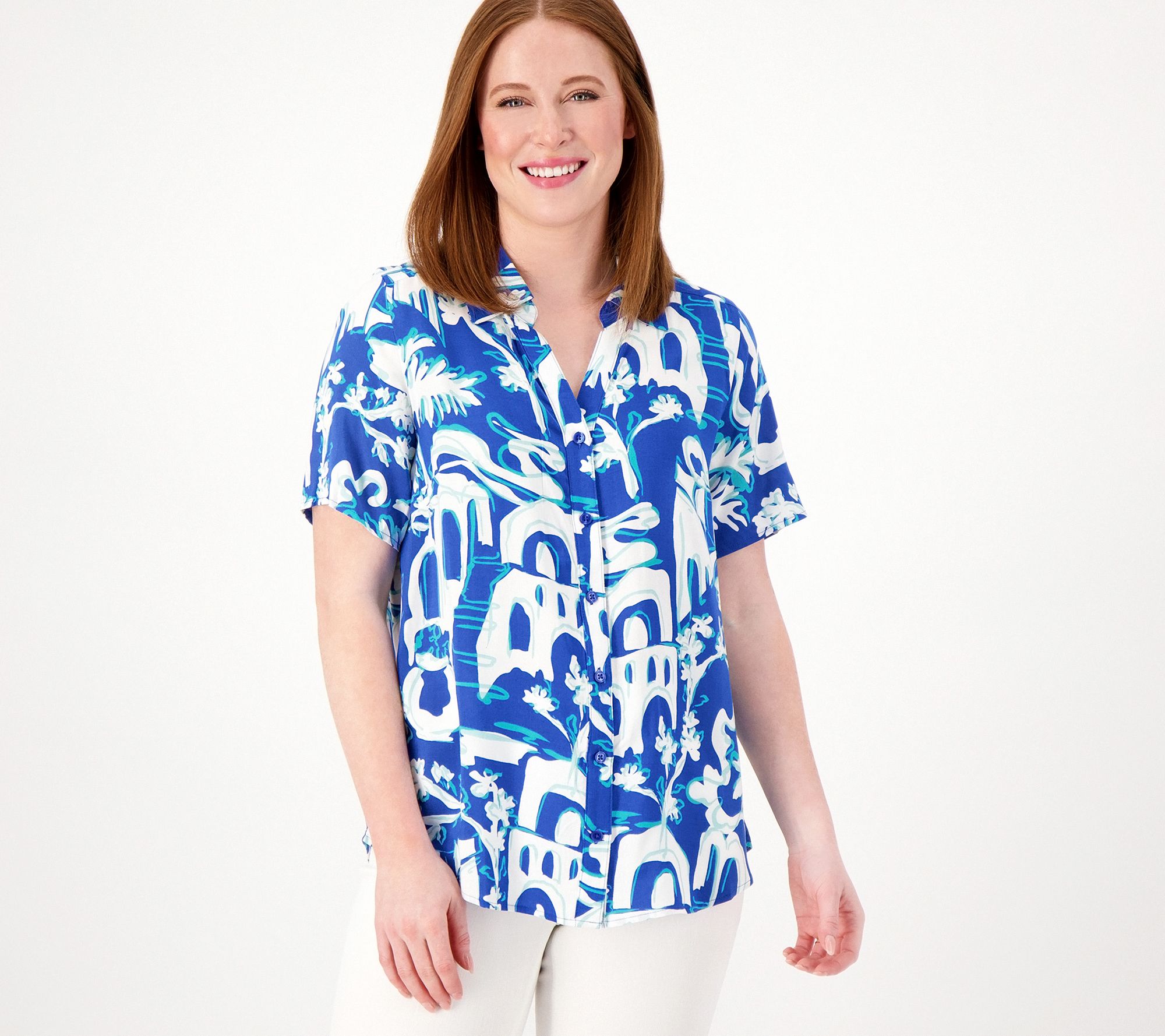 "As Is" Denim & Co. Printed Drapey Camp Shirt