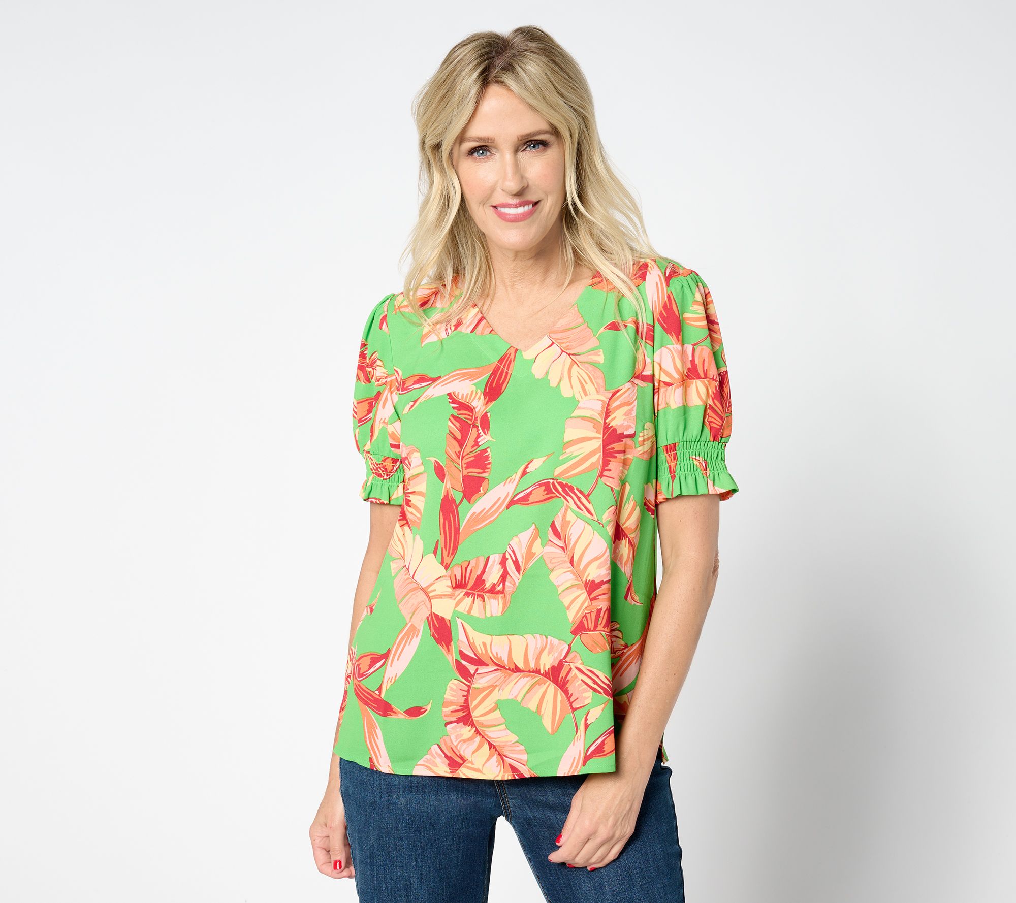 Belle by Kim Gravel Golden Palm Smocked Elbow Sleeve Blouse