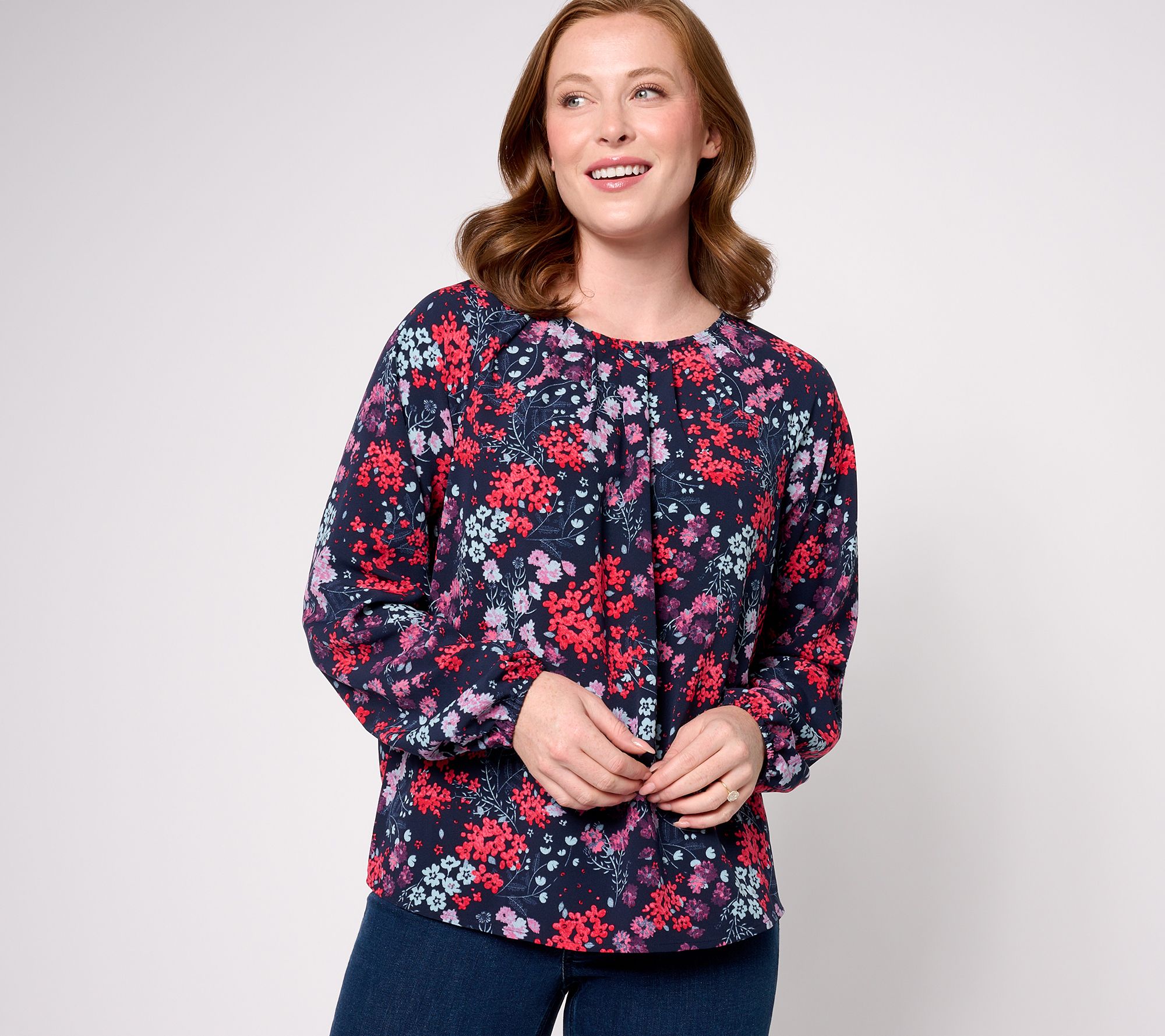 "As Is" Denim & Co. Long Sleeve Printed Blouse with Pleat Detail