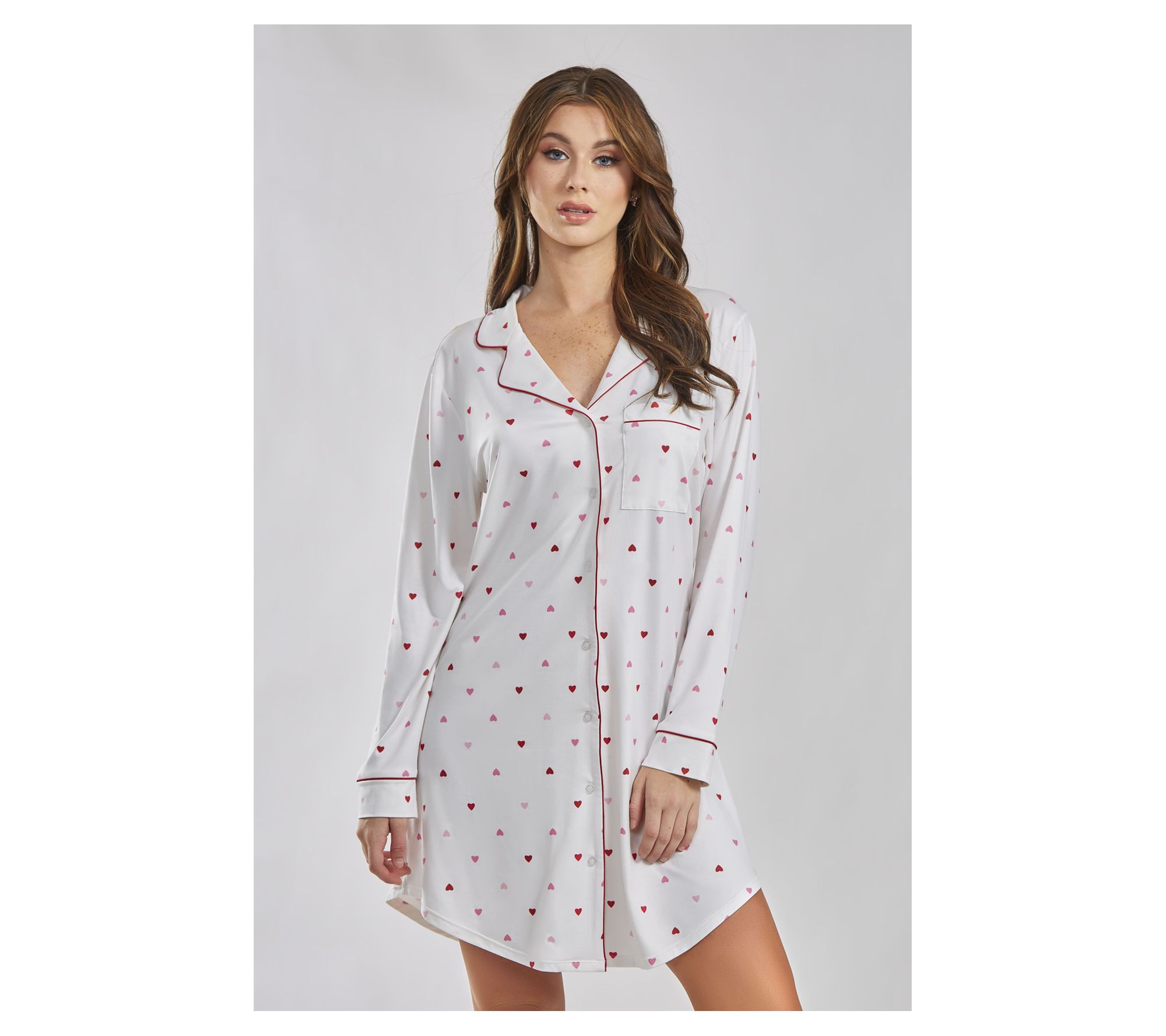 iCollection Modal Red Hearts Button-Up Pajama Lounge Dress