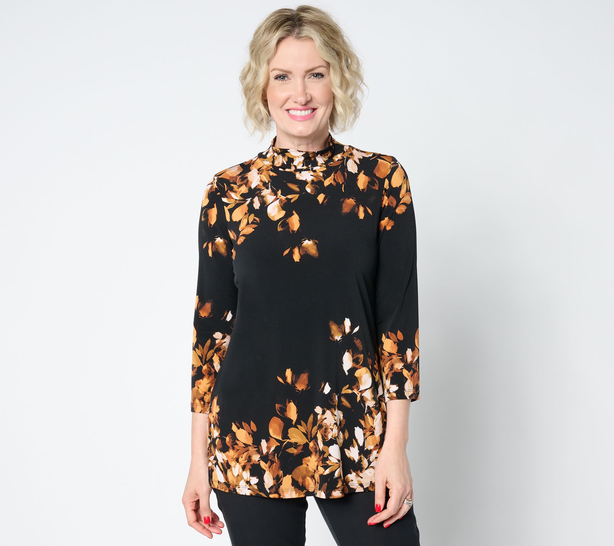 Susan Graver Regular Printed Liquid Knit 3/4 Sleeve Mock-Neck Tunic