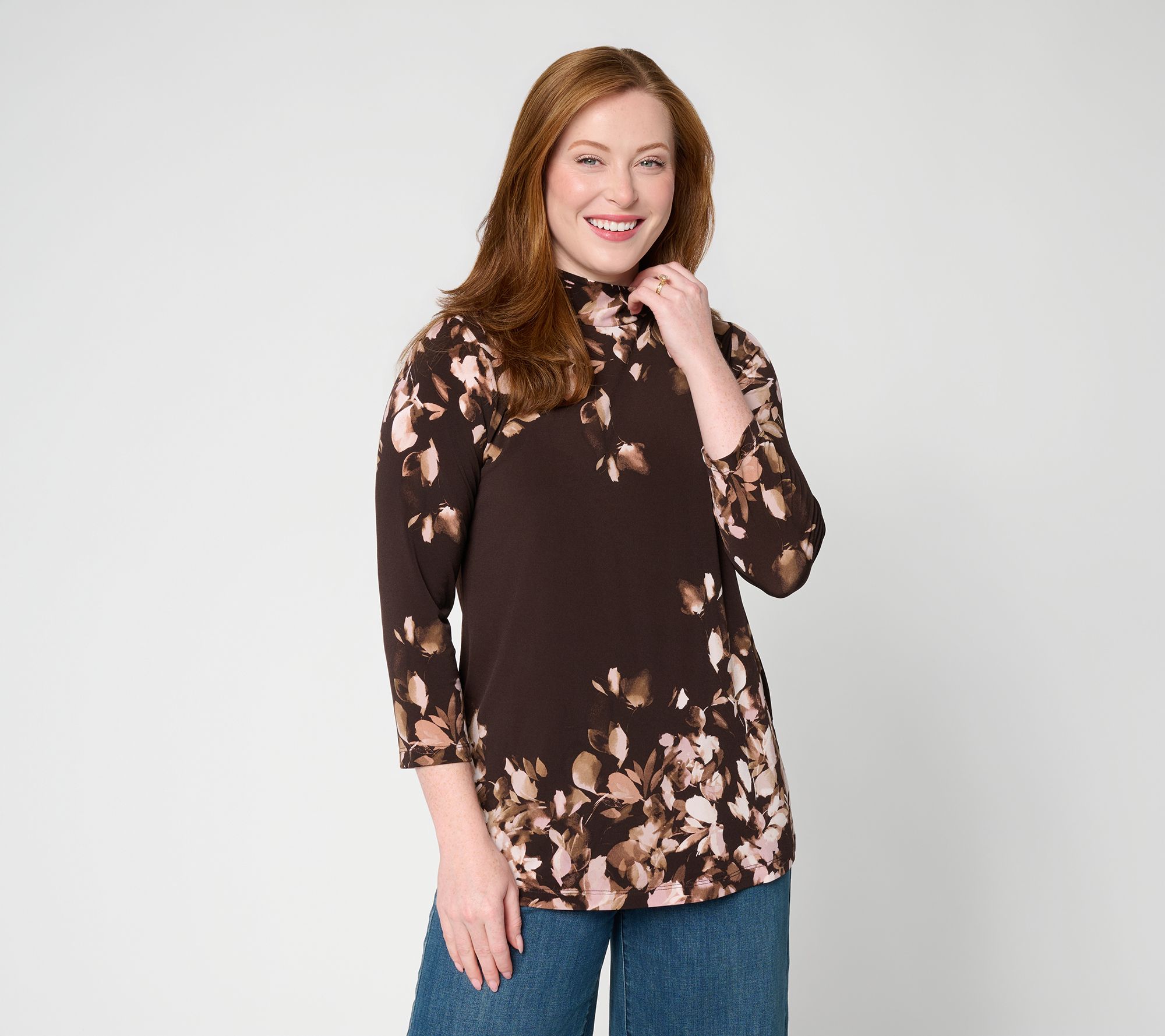 Susan Graver Regular Printed Liquid Knit 3/4 Sleeve Mock-Neck Tunic