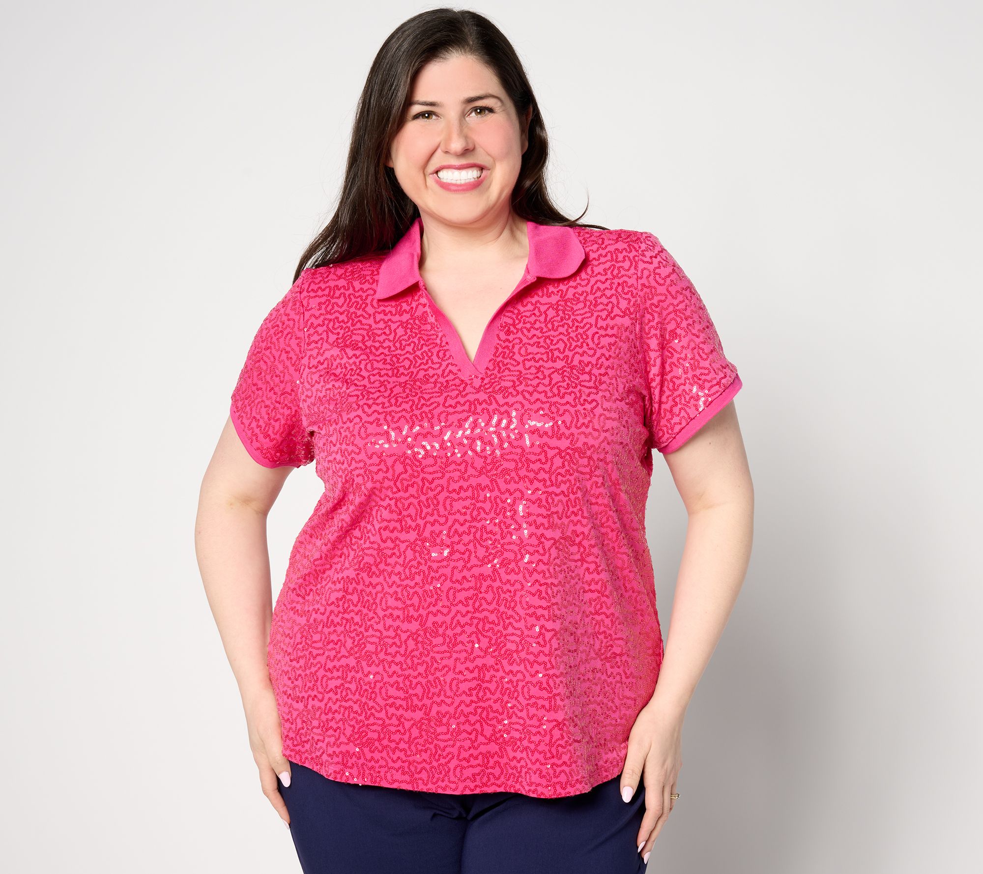 "As Is" Isaac Mizrahi Live! Short Sleeve Sequin Polo Top