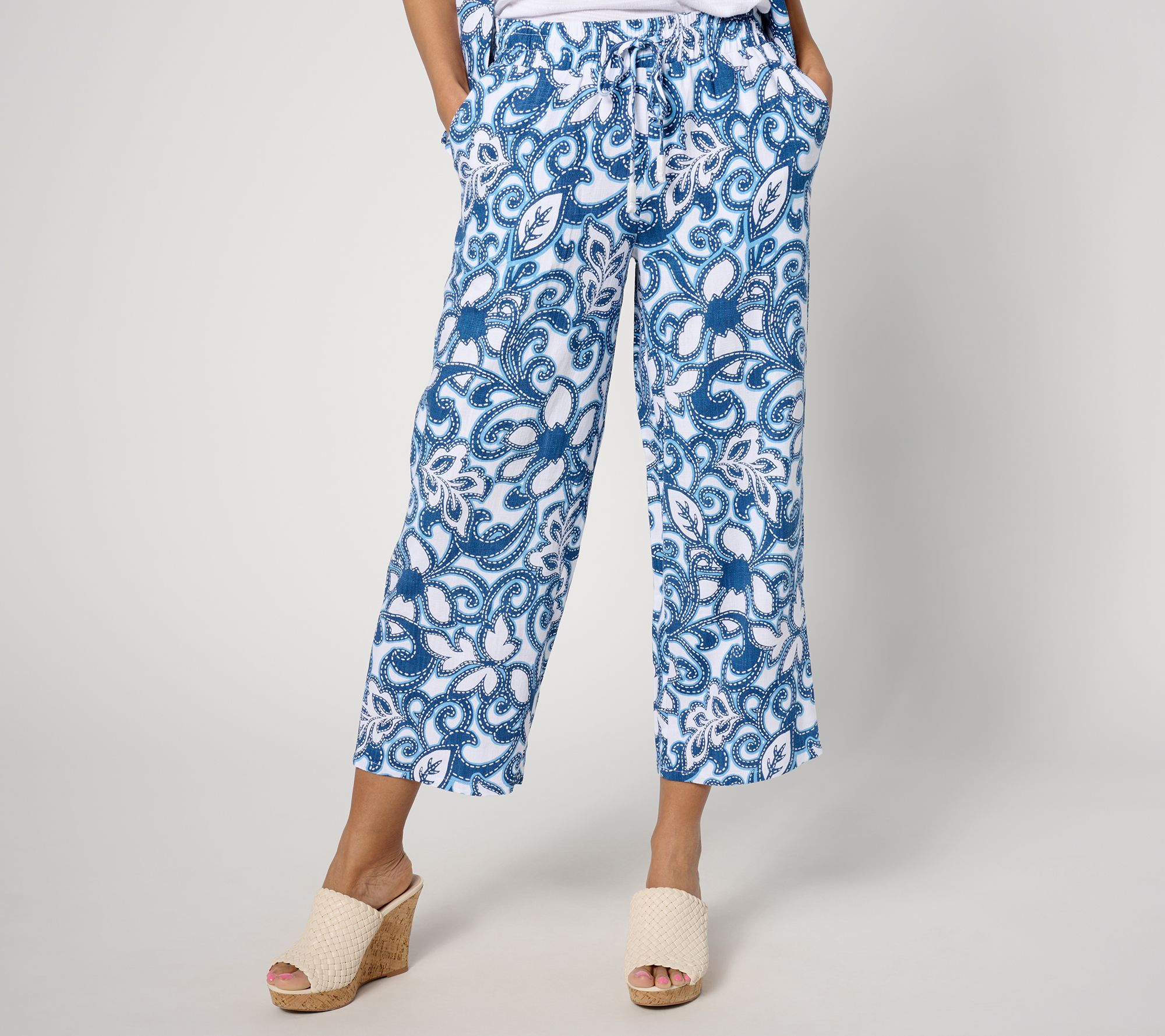 "As Is" Susan Graver Regular PURE Printed Linen Blend Wide Leg Pants