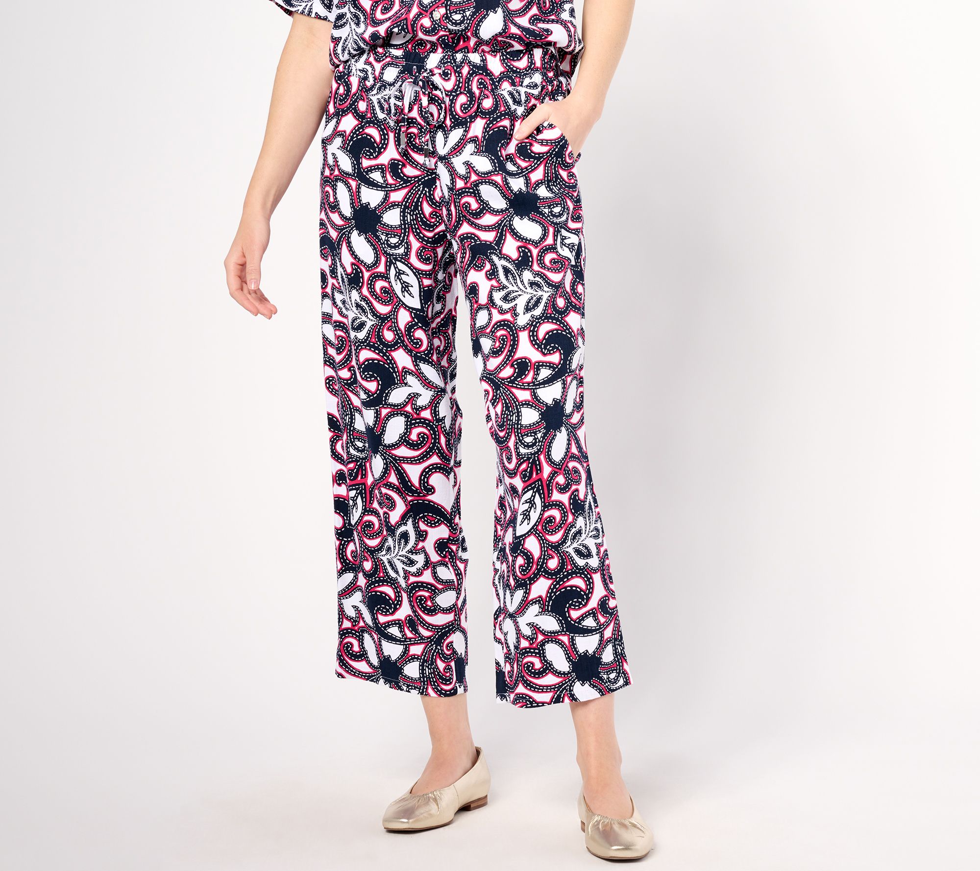 "As Is" Susan Graver Regular PURE Printed Linen Blend Wide Leg Pants