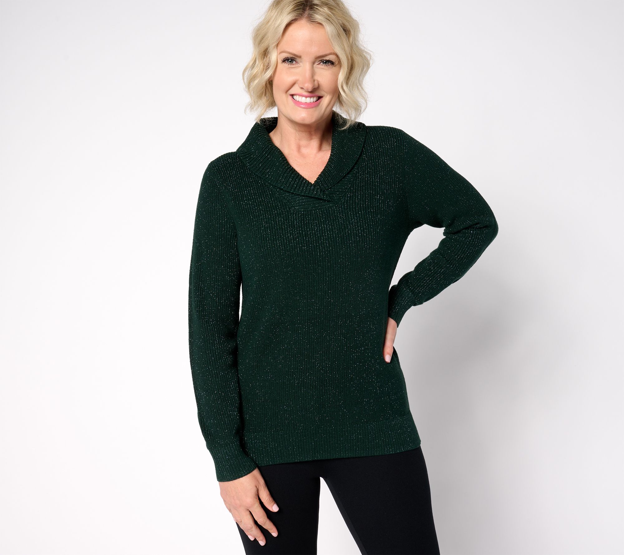  Belle by Kim Gravel Lurex Shaker Knit Shawl Collar Sweater