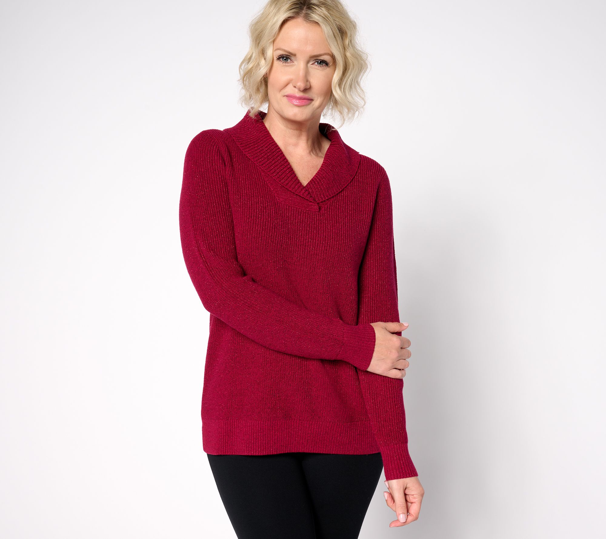 Belle by Kim Gravel Lurex Shaker Knit Shawl Collar Sweater
