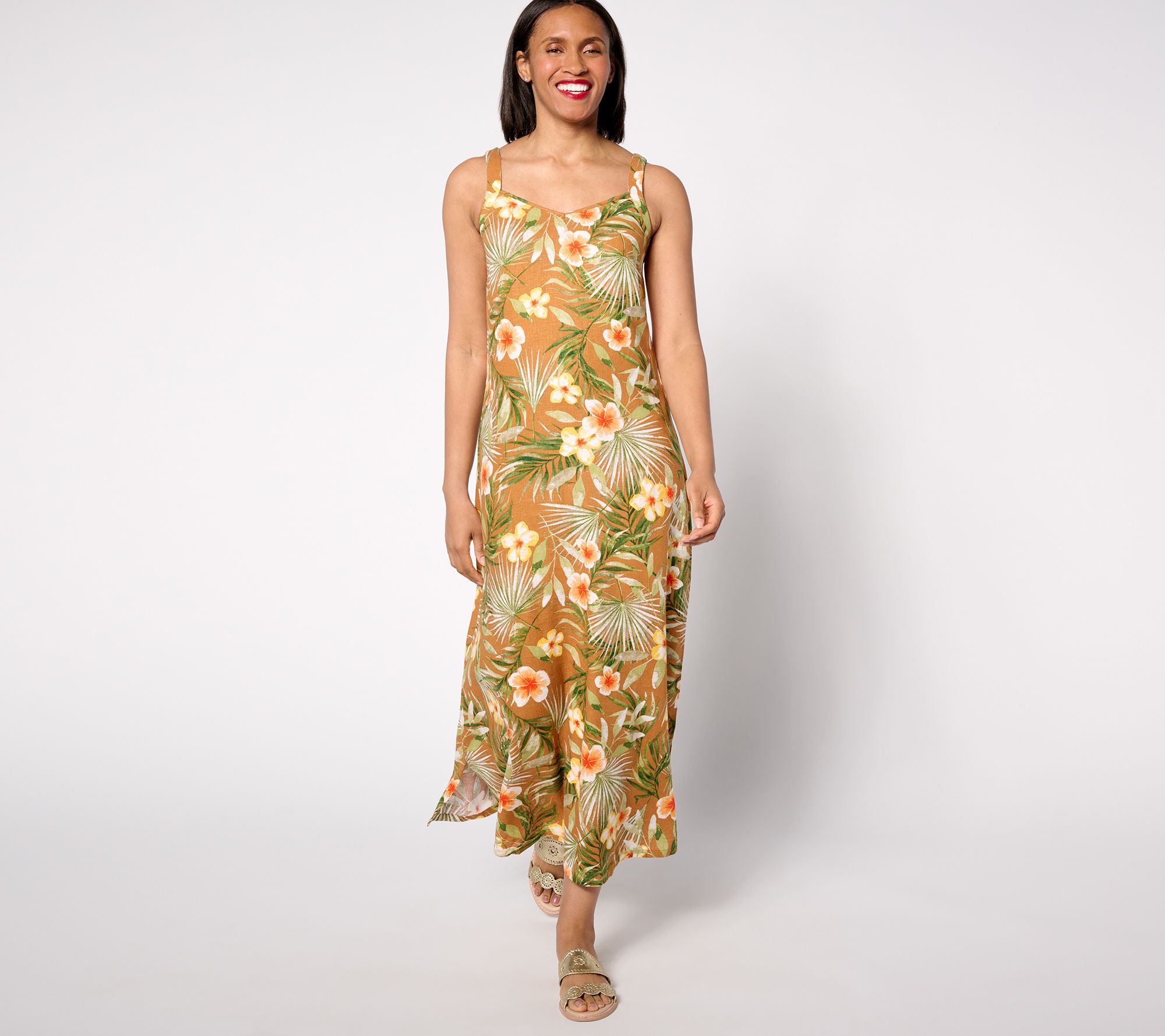 "As Is" Denim & Co. Naturals Petite Printed Linen Blend Maxi Dress