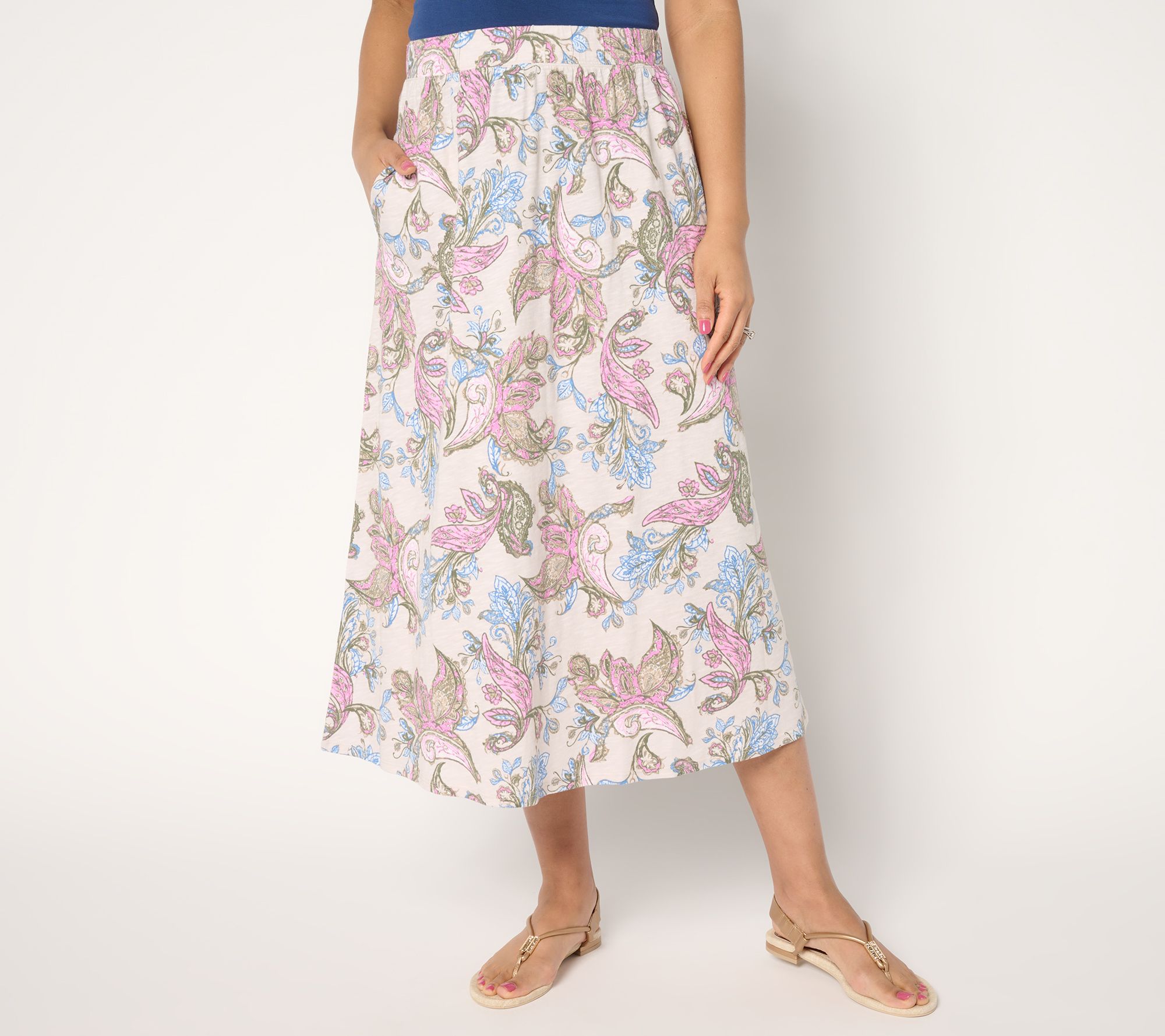 Denim & Co. Petite Linen Blend Midi Skirt with Pockets