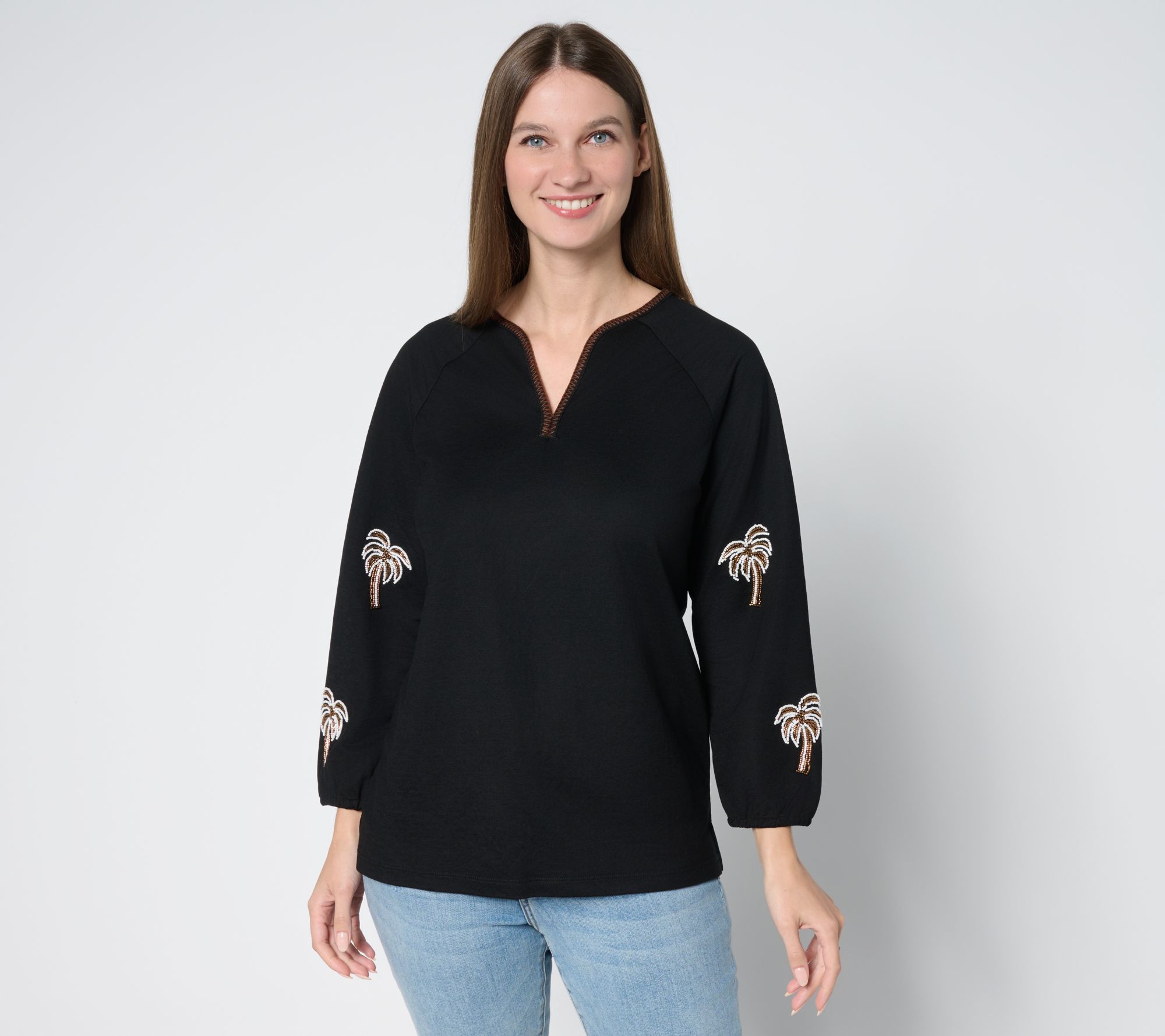 Bellisima by Kim Gravel Cabana Knit Beaded Palm Trim Top