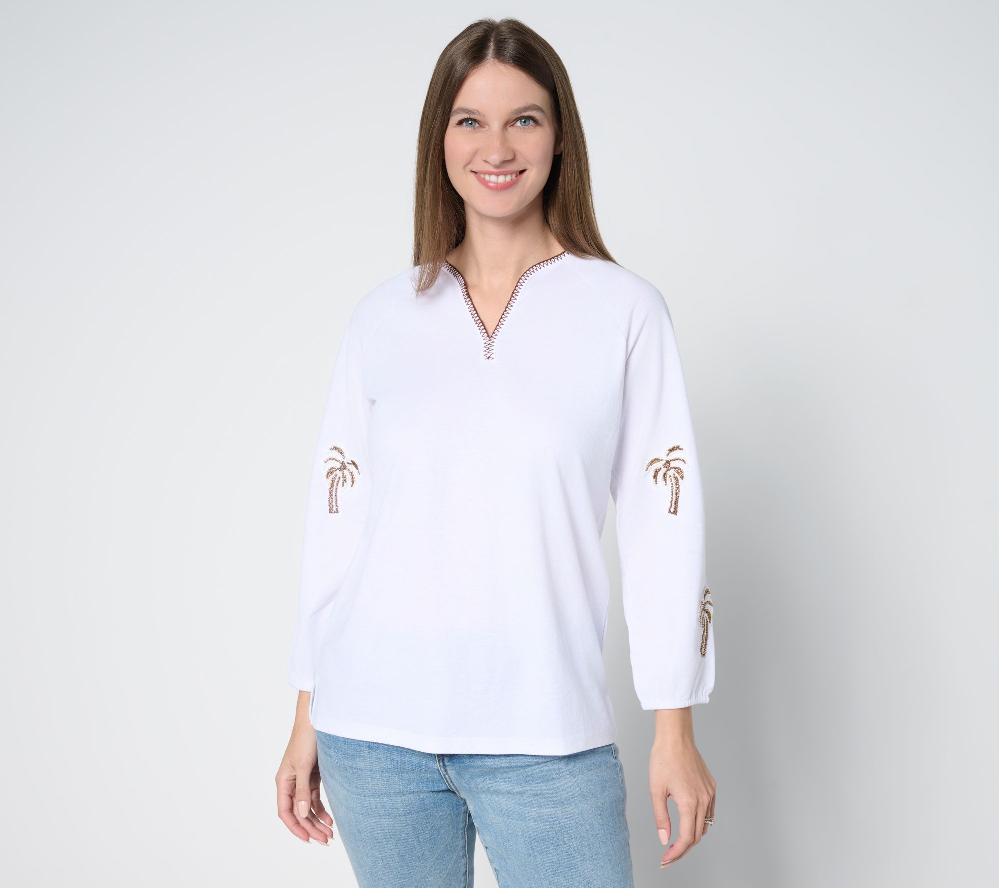 Bellisima by Kim Gravel Cabana Knit Beaded Palm Trim Top