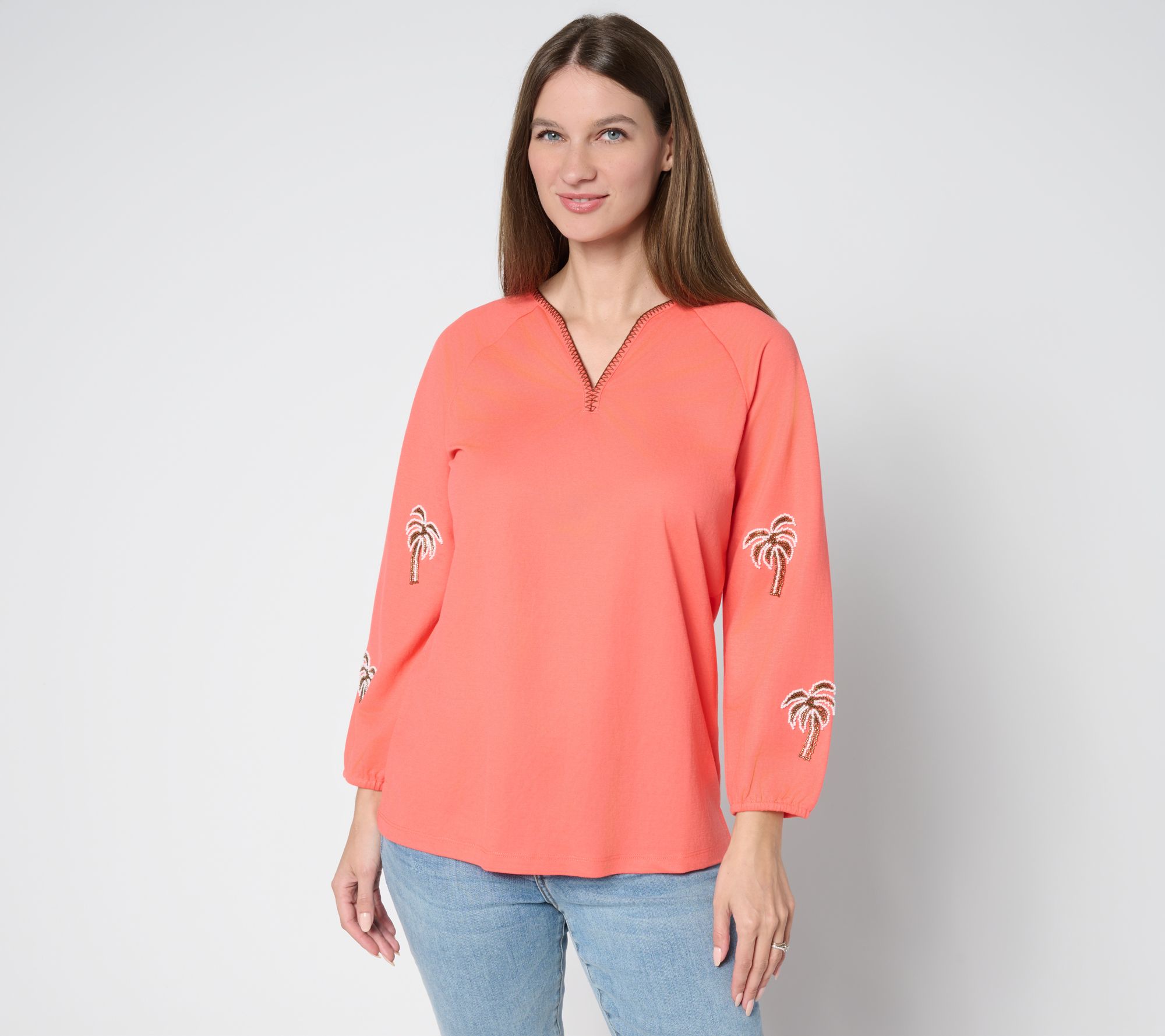Bellisima by Kim Gravel Cabana Knit Beaded Palm Trim Top