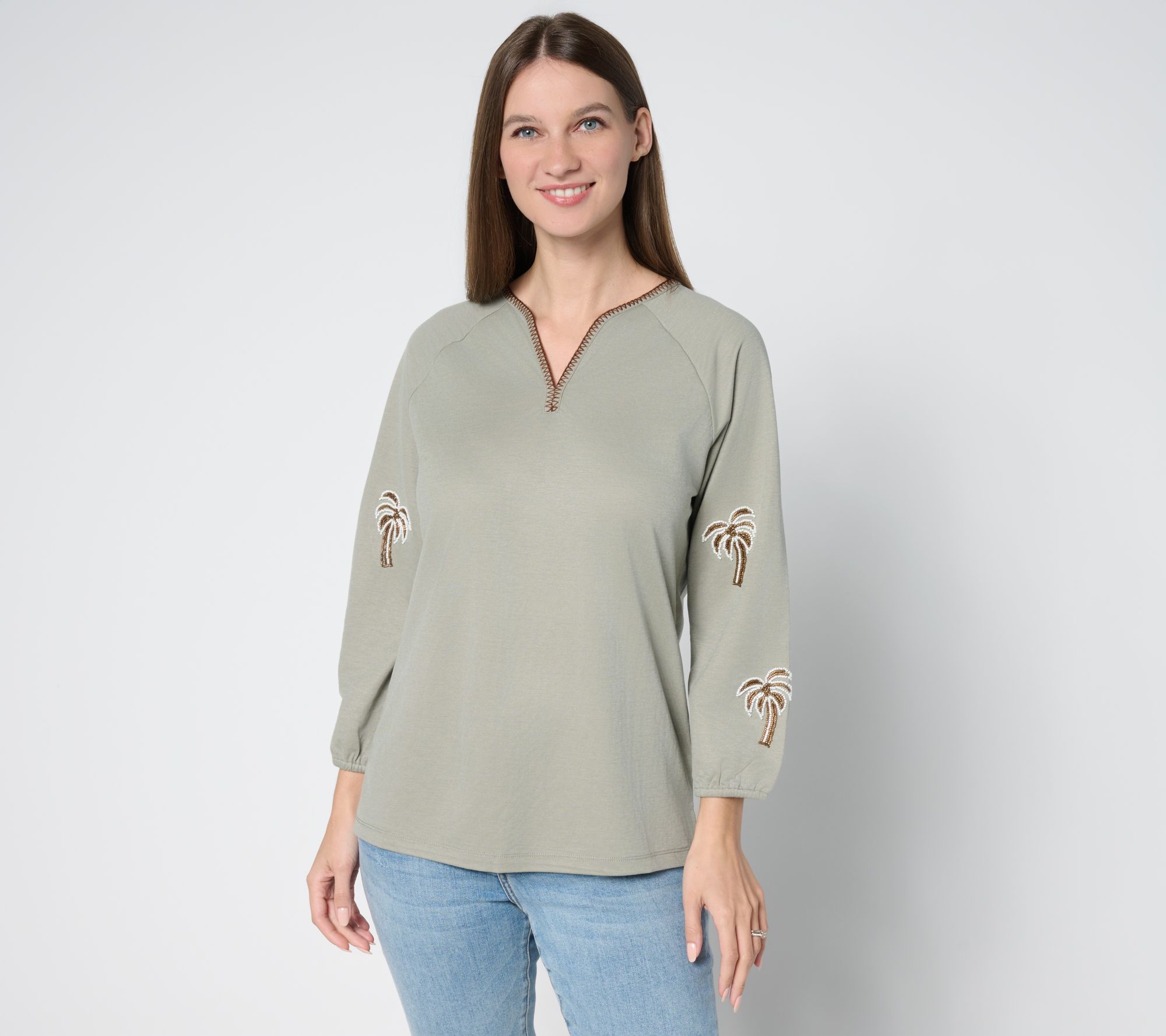 Bellisima by Kim Gravel Cabana Knit Beaded Palm Trim Top