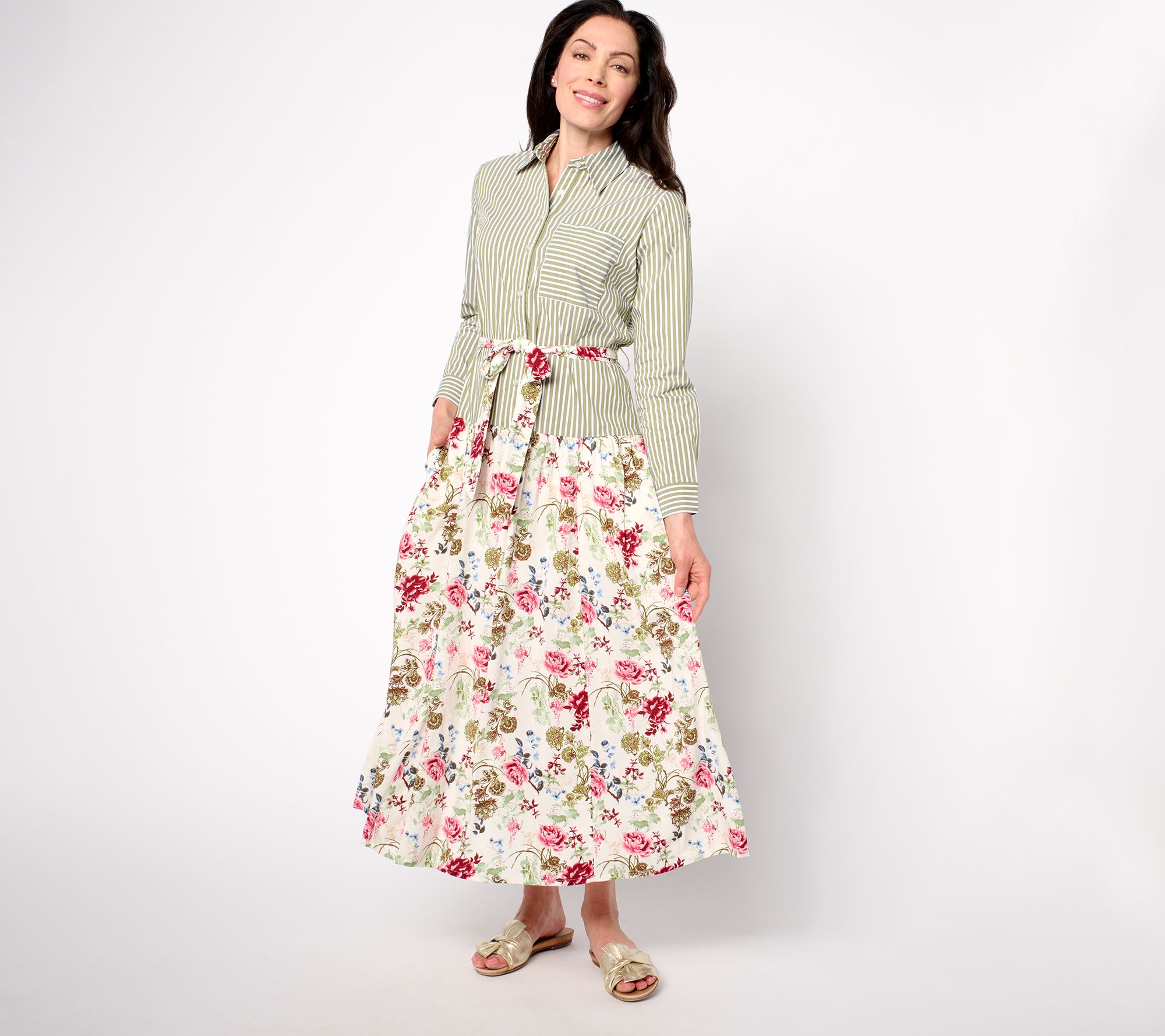 Studio Park x Rosina Grosso Petite Printed Mixed Media Maxi Shirtdress