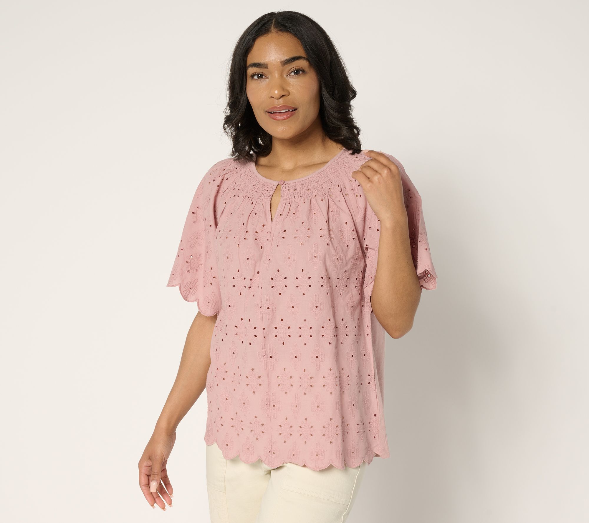 LOGO Lavish by Lori Goldstein 100% Cotton Eyelet Top