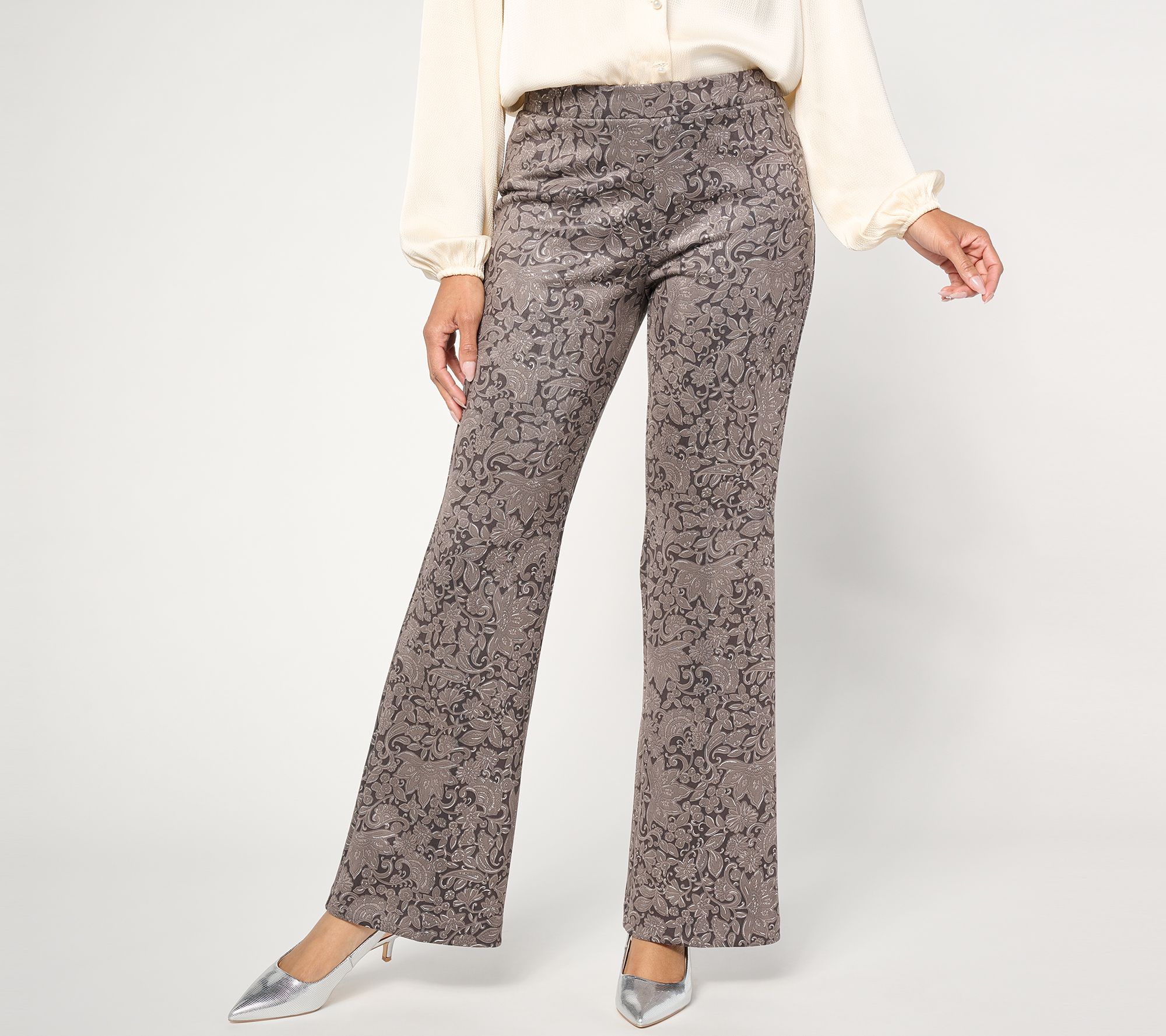 "As Is" Susan Graver Occasion Petite Printed Metallic Knit Suede Pants