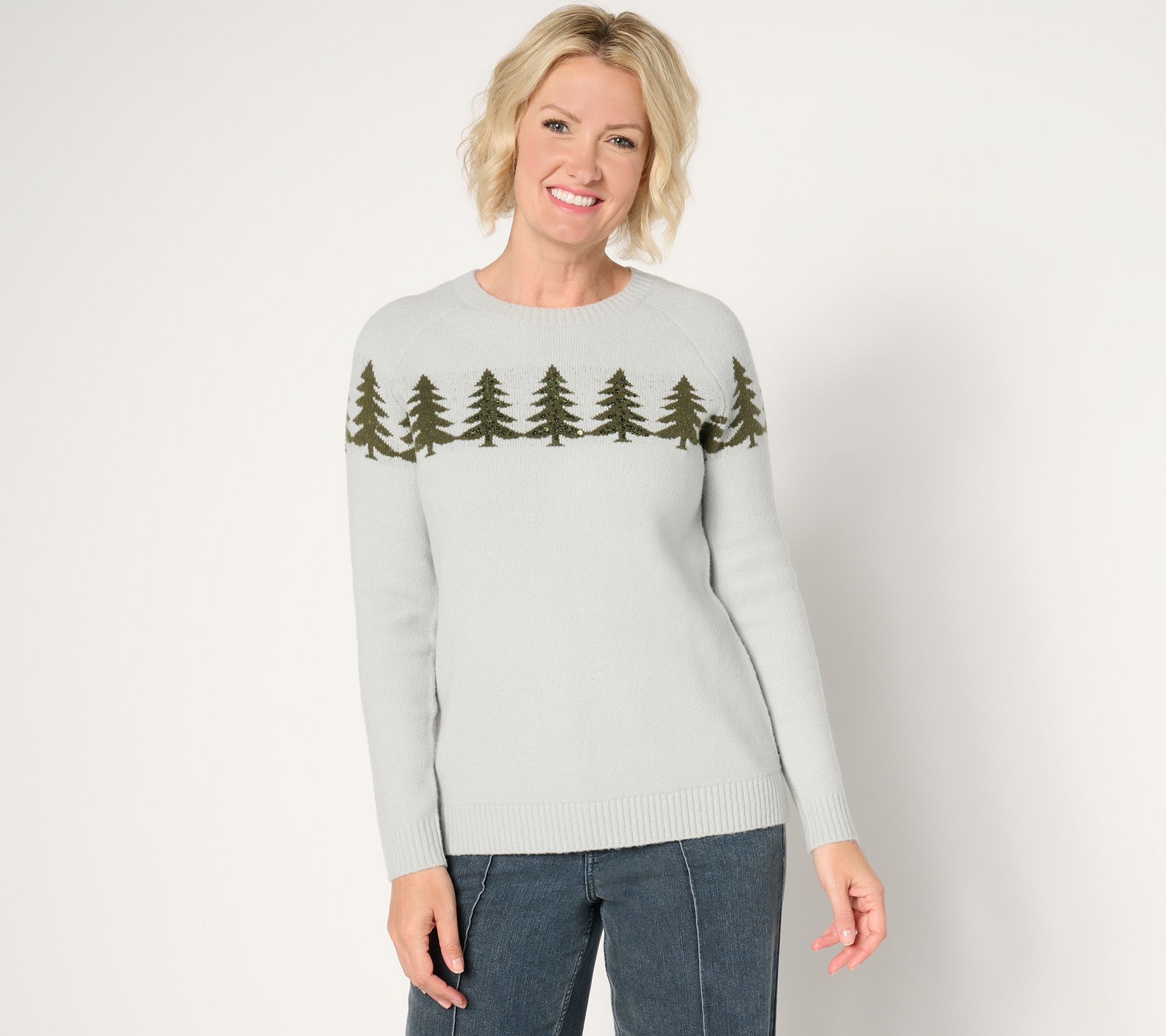 "As Is" Denim & Co. Embellished Tree Crew Neck Sweater