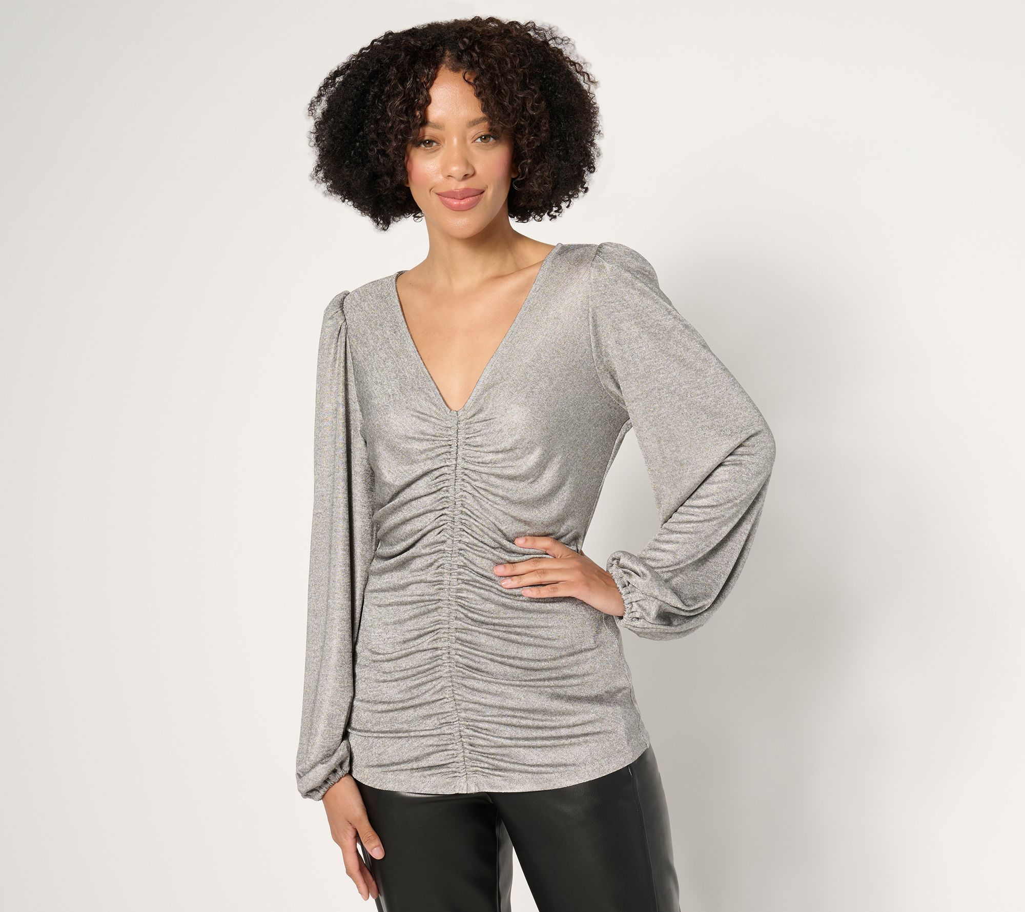 "As Is" Dennis Basso Knit Lame Top with Ruching & Blouson Sleeves