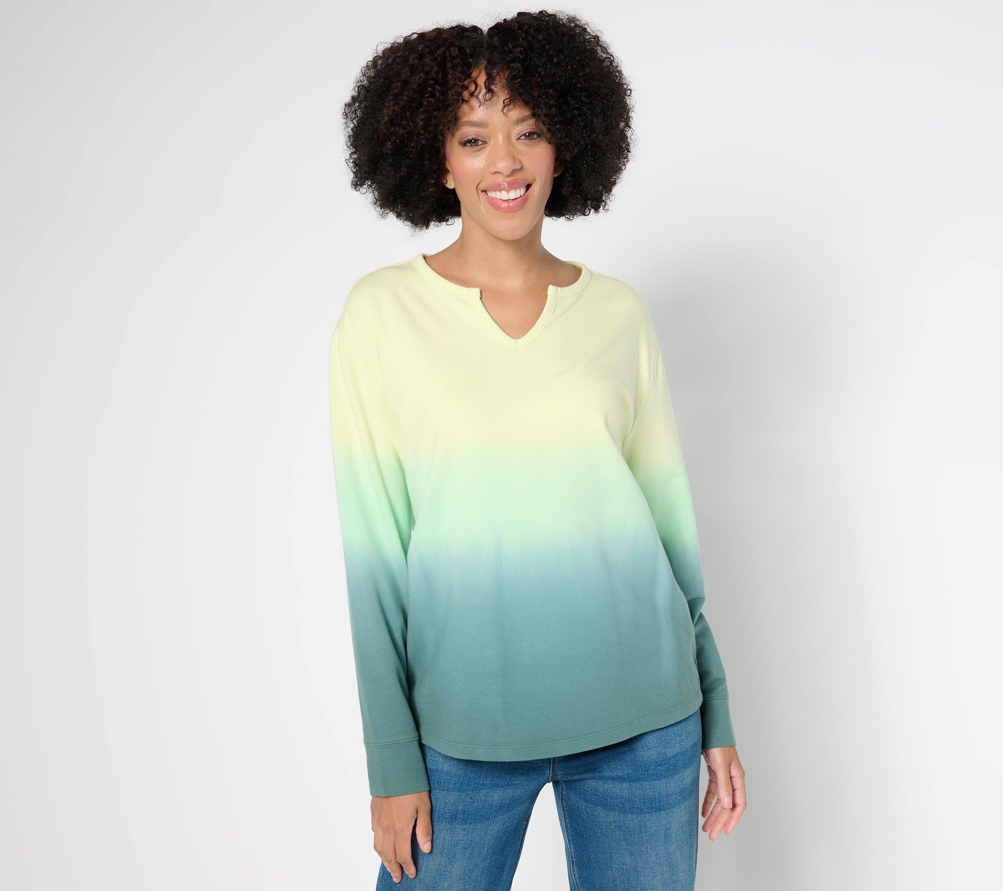 "As Is" Denim & Co. French Terry Dip Dye Long Sleeve Pullover