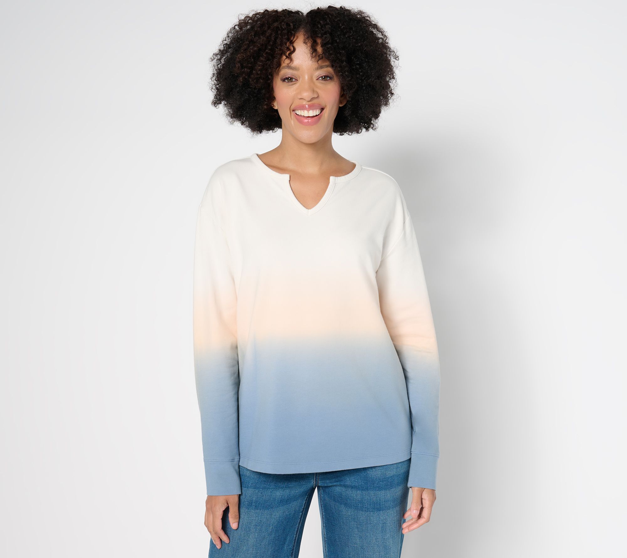 "As Is" Denim & Co. French Terry Dip Dye Long Sleeve Pullover