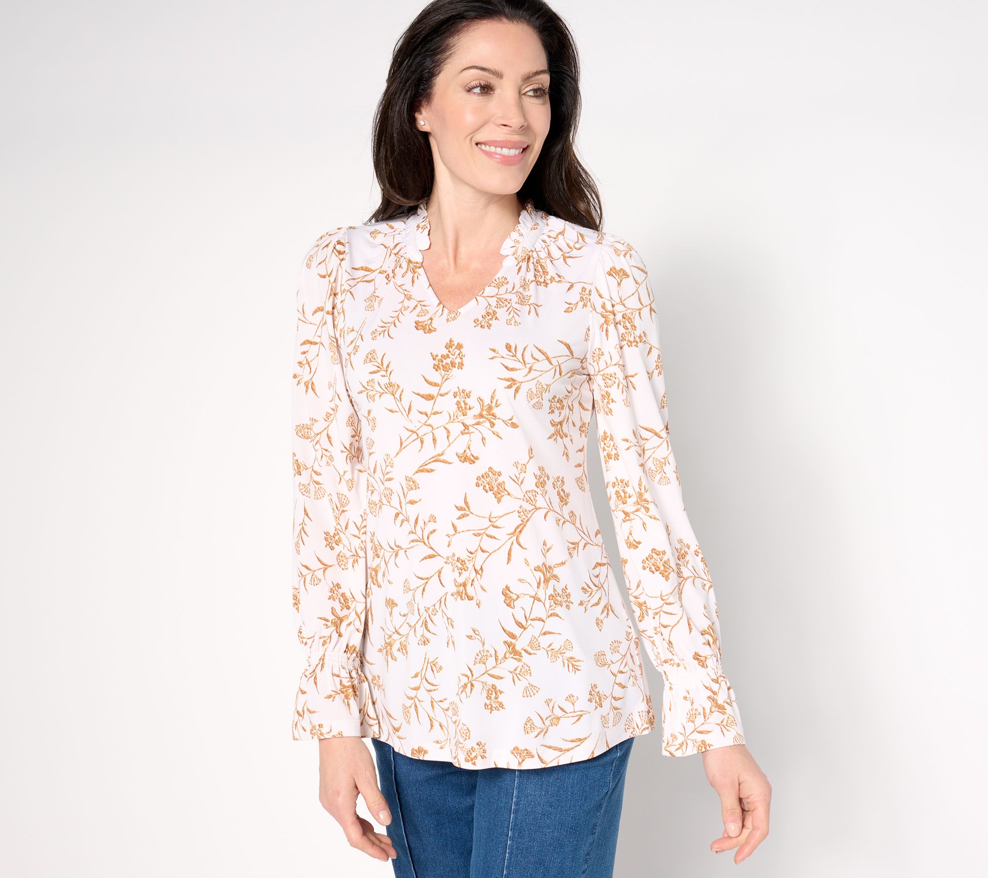 "As Is" Susan Graver Printed Liquid Knit Bracelet Sleeve Split Neck Top