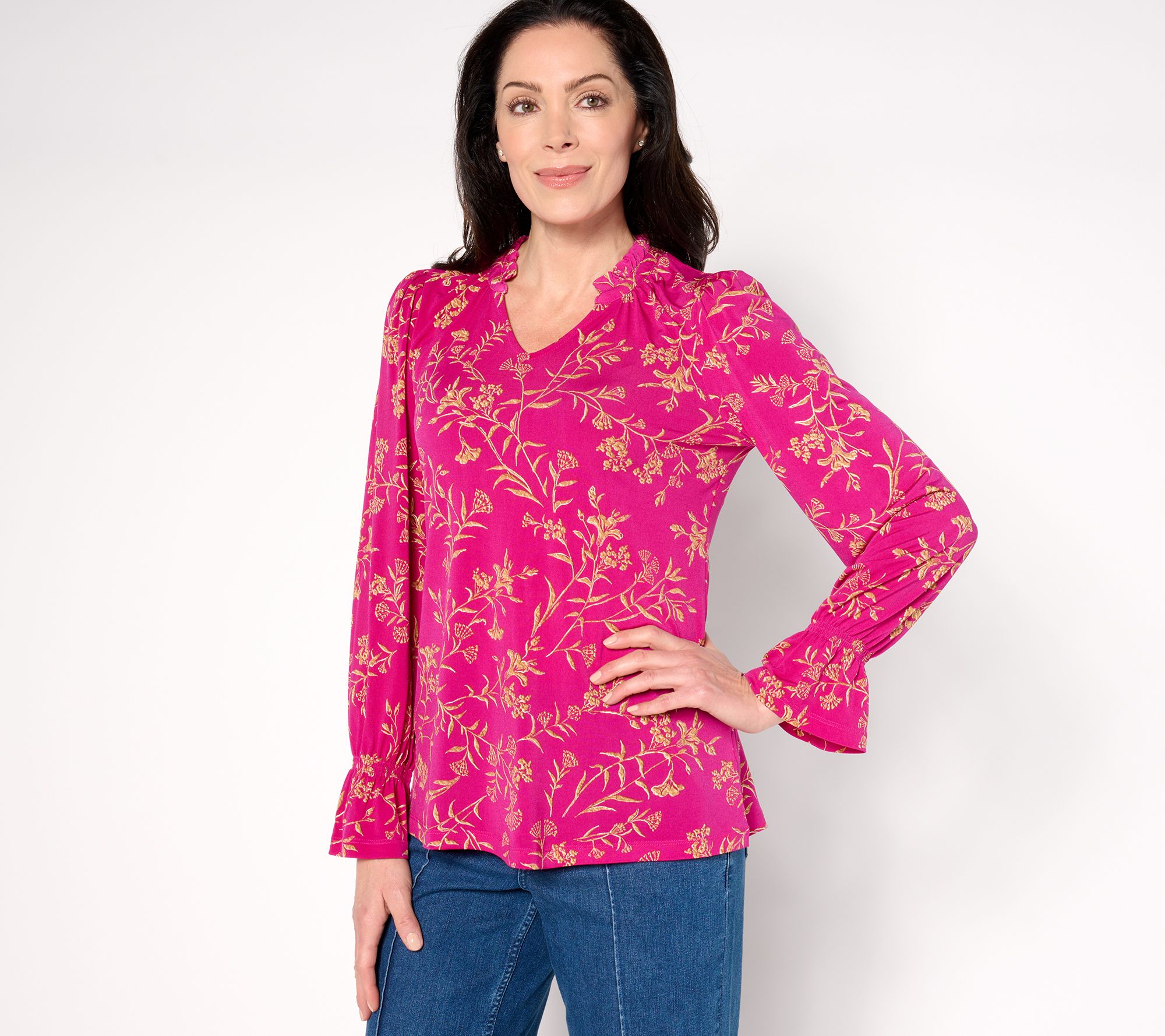 "As Is" Susan Graver Printed Liquid Knit Bracelet Sleeve Split Neck Top