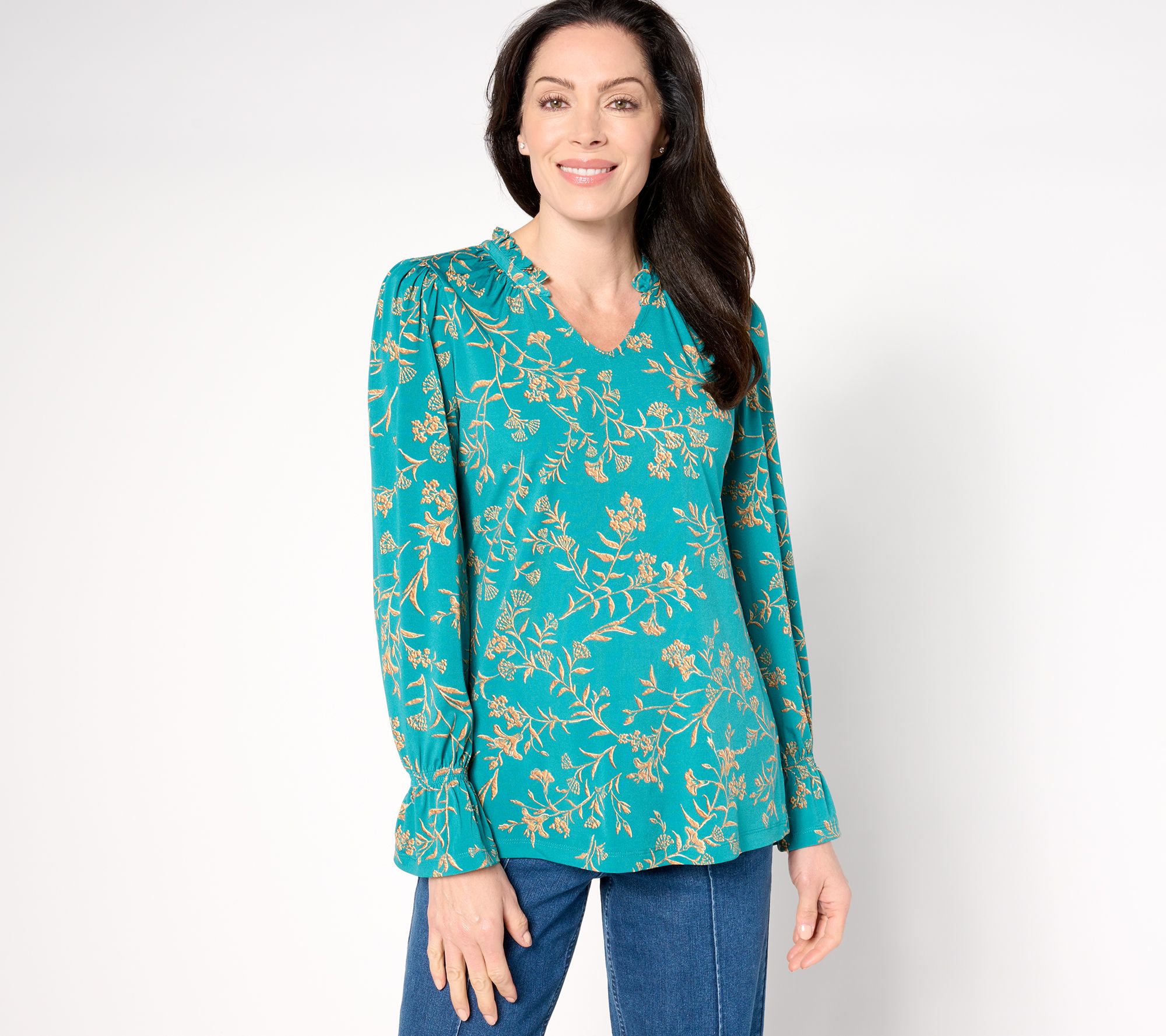 "As Is" Susan Graver Printed Liquid Knit Bracelet Sleeve Split Neck Top