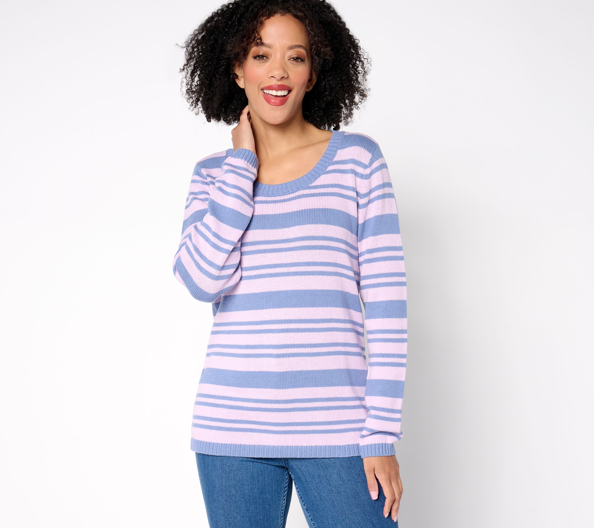 As Is Denim & Co. 100% Cotton Striped Long Sleeve Sweater