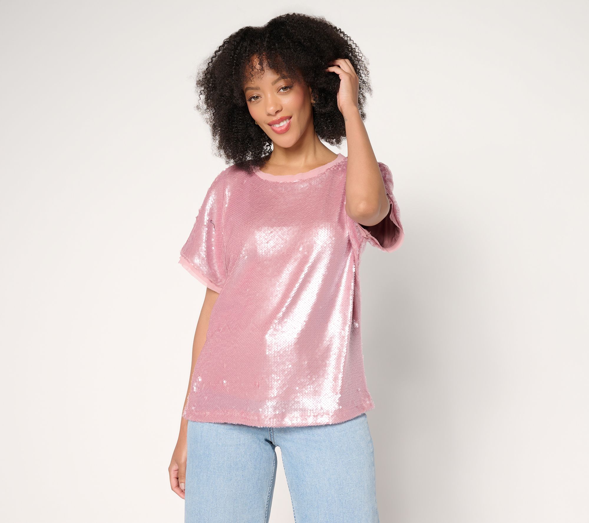 LOGO Lavish by Lori Goldstein Short Sleeve Sequin Top