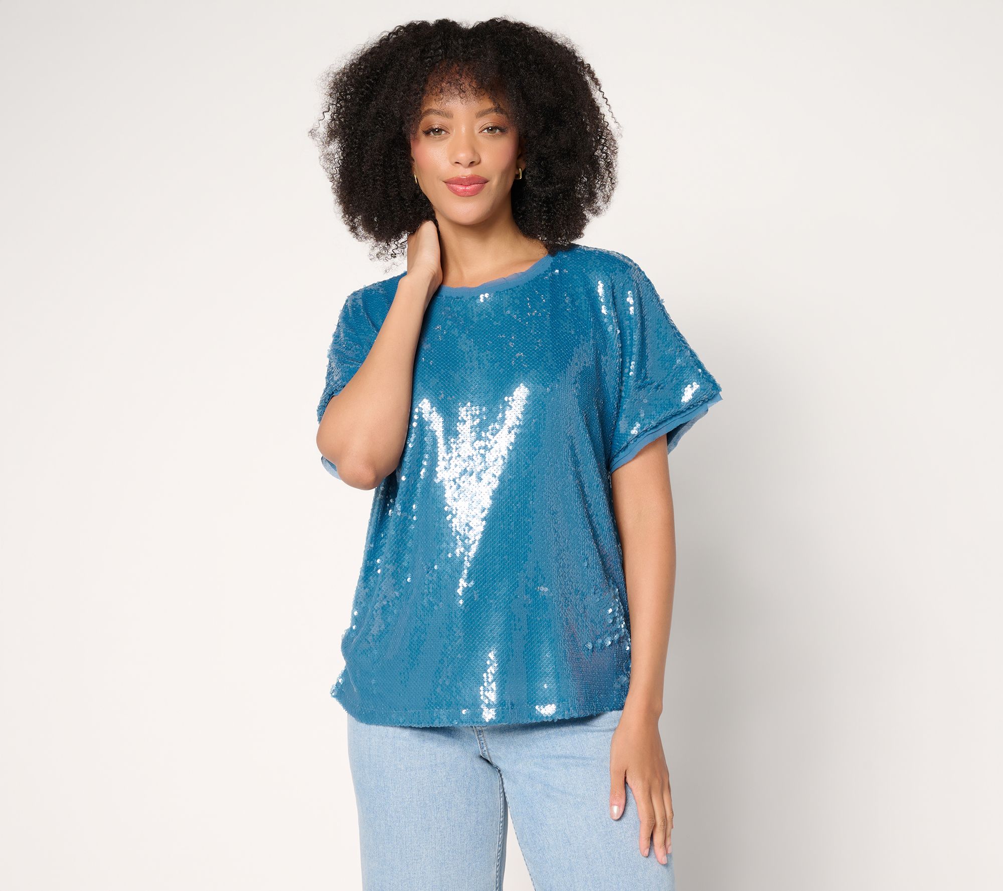 LOGO Lavish by Lori Goldstein Short Sleeve Sequin Top