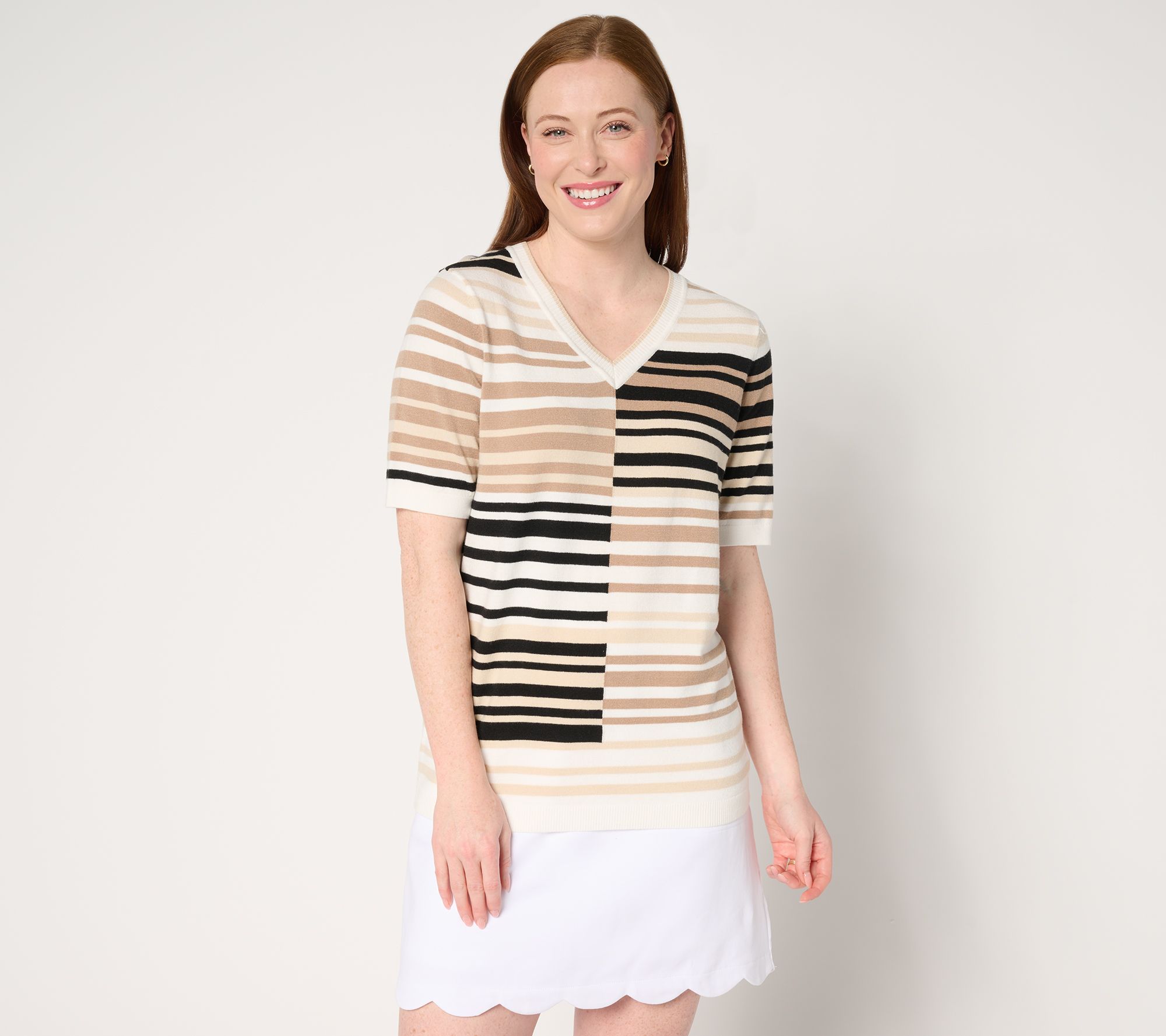 "As Is" Sport Savvy Short Sleeve Spliced Stripe V-Neck Sweater