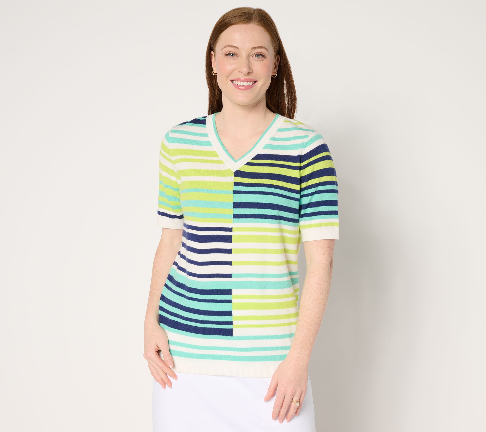 "As Is" Sport Savvy Short Sleeve Spliced Stripe V-Neck Sweater