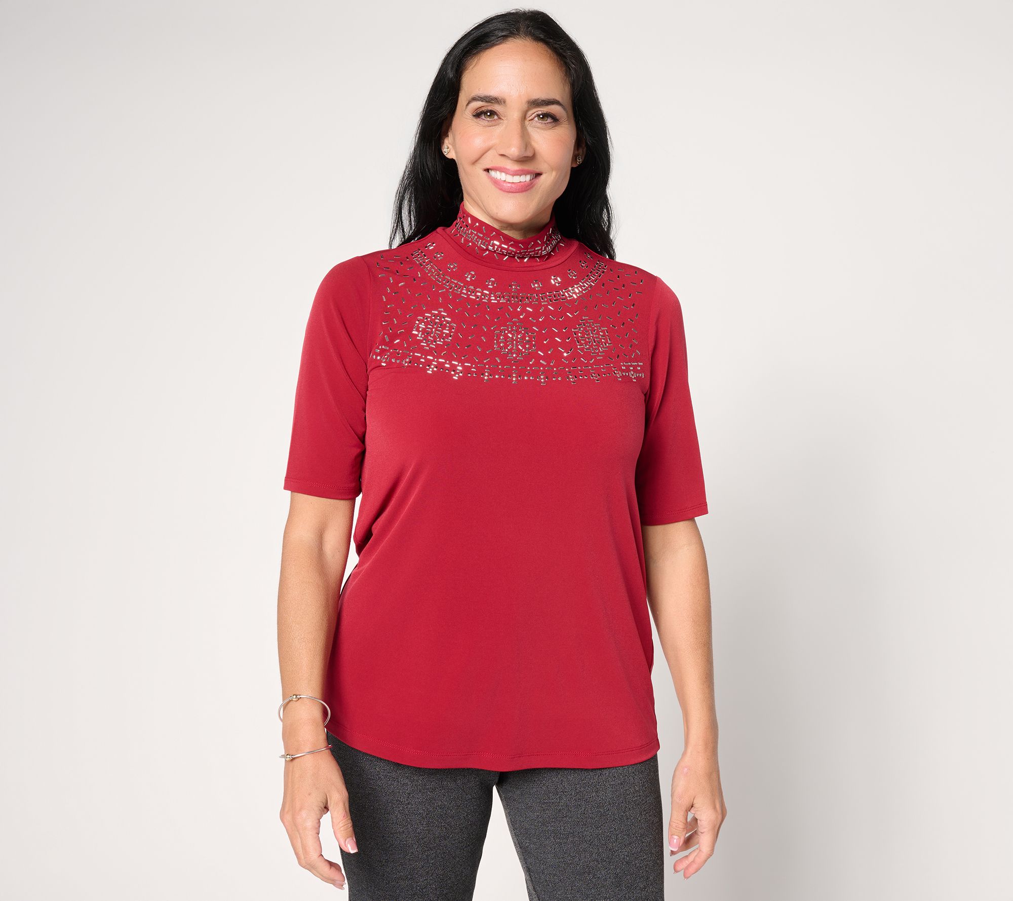 Susan Graver Occasions Liquid Knit Embellished Mock-Neck Top