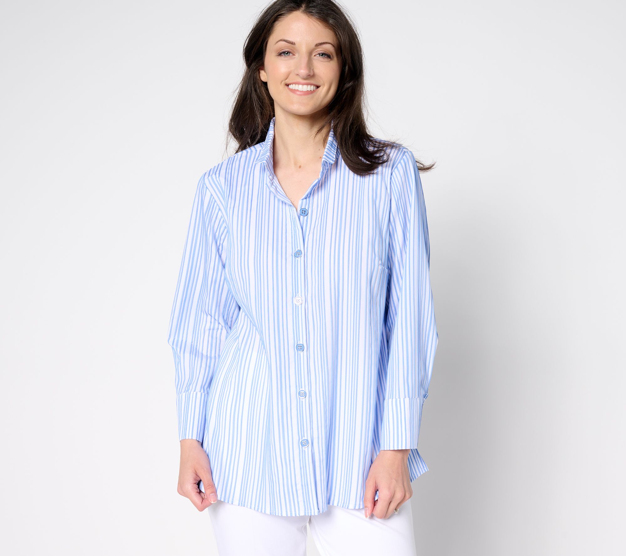 "As Is" Joan Rivers Stretch Woven Texture Stripe Button Front Shirt
