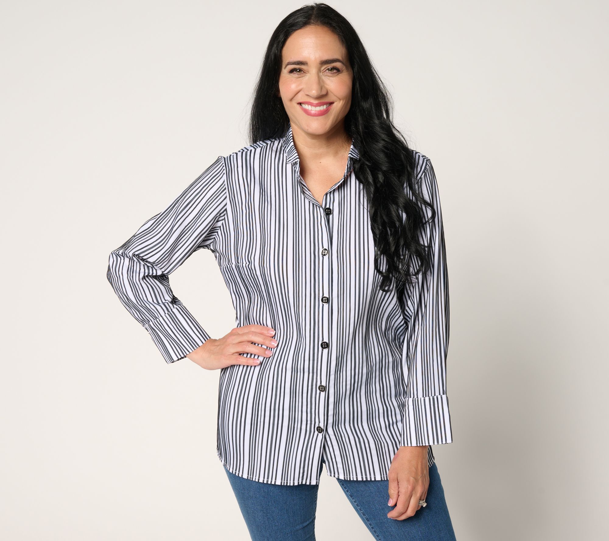 "As Is" Joan Rivers Stretch Woven Texture Stripe Button Front Shirt