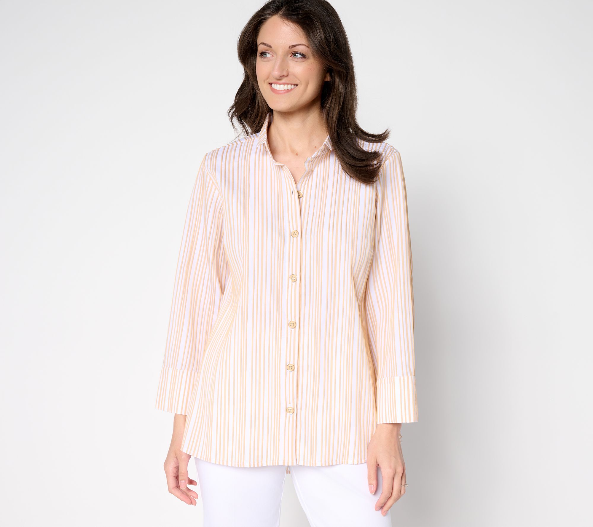 "As Is" Joan Rivers Stretch Woven Texture Stripe Button Front Shirt