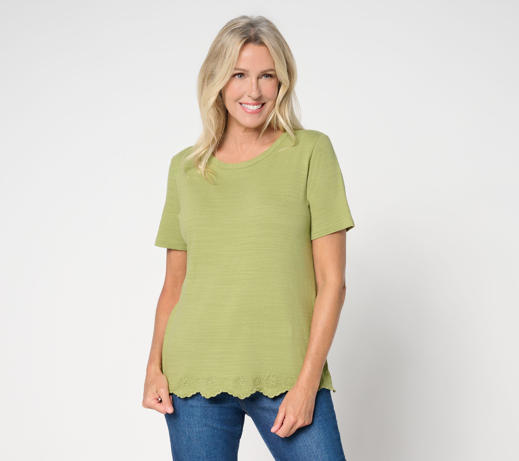 "As Is" Denim & Co. 100% Cotton Short Sleeve Embroidered Hem Top