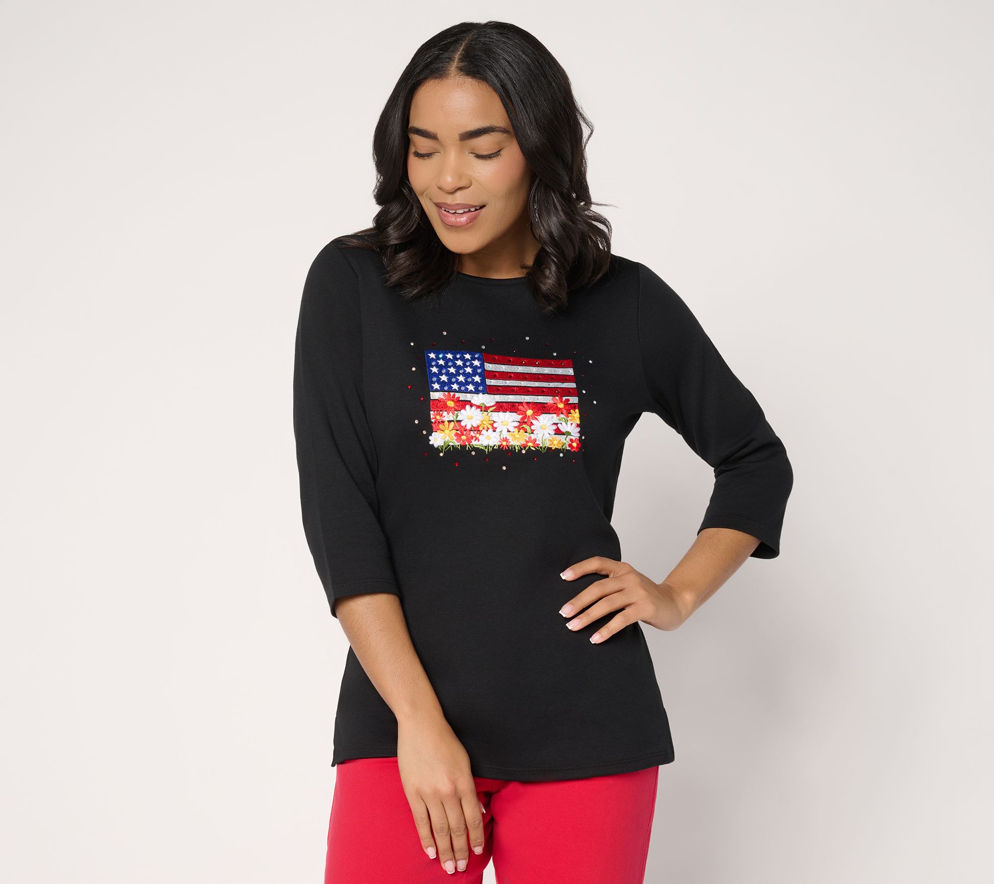 Quacker Factory Red, White and Blooms Embroidered 3/4 Sleeve Top