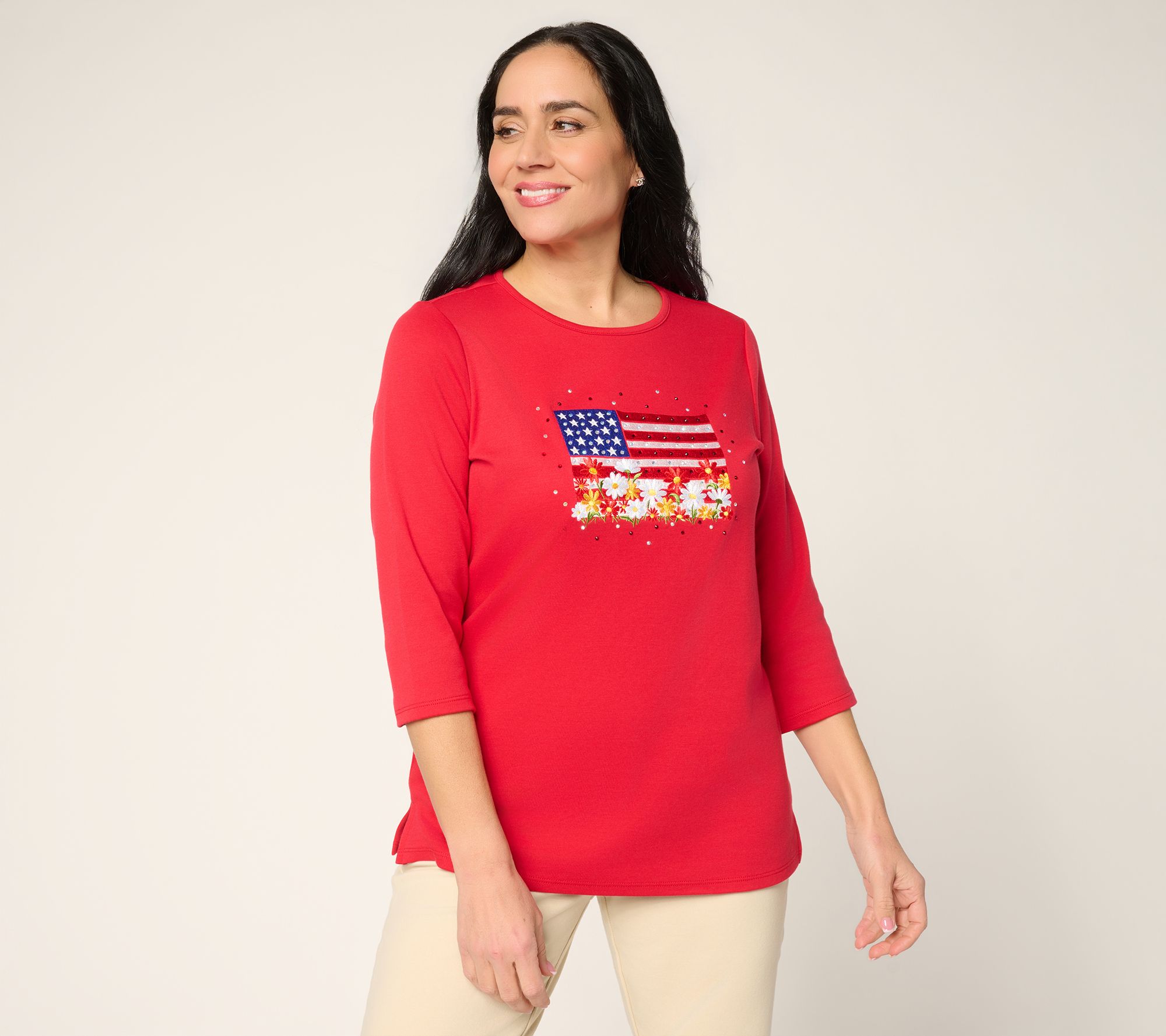 Quacker Factory Red, White and Blooms Embroidered 3/4 Sleeve Top