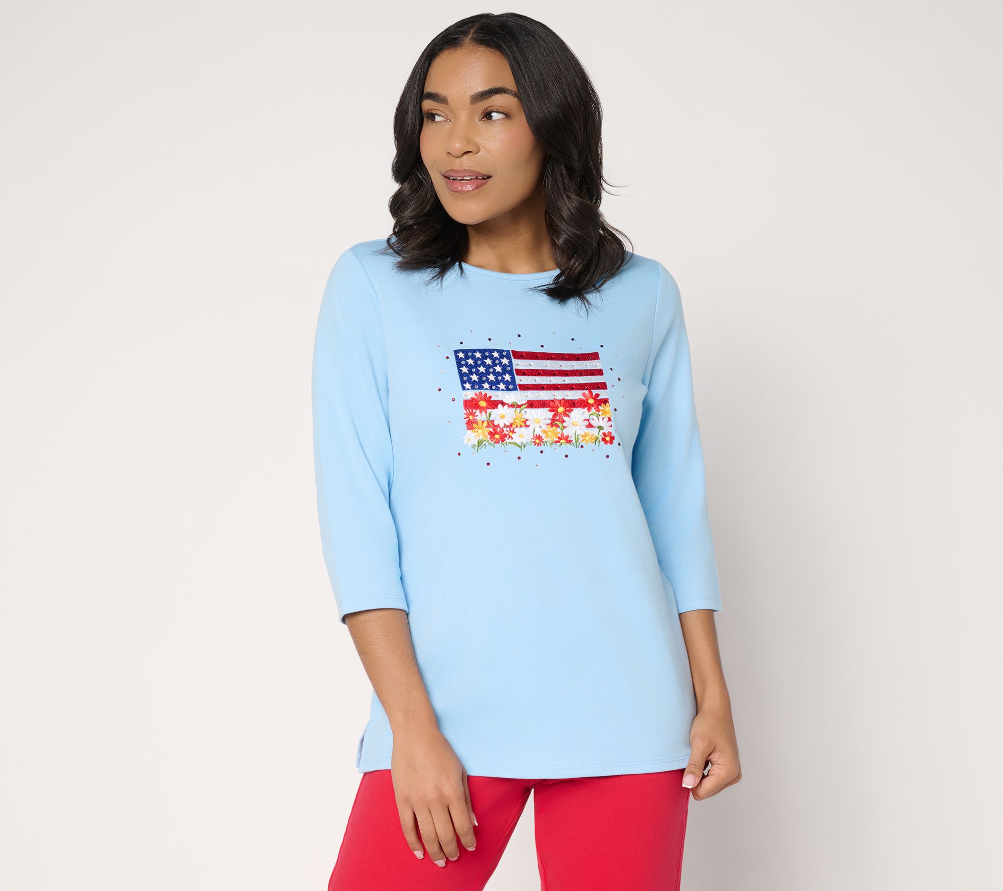 Quacker Factory Red, White and Blooms Embroidered 3/4 Sleeve Top