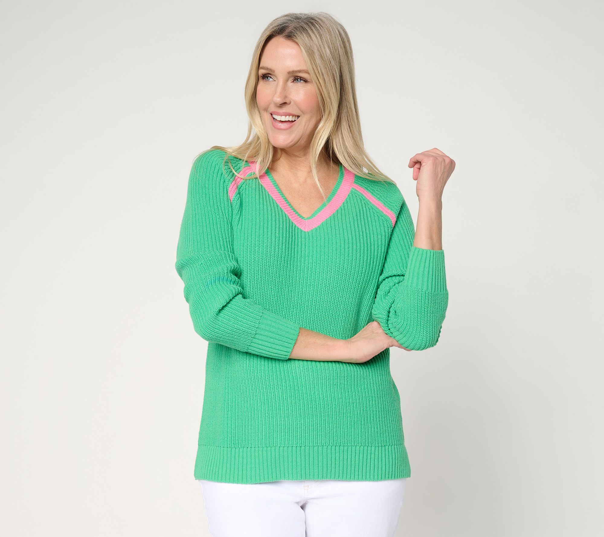  Belle by Kim Gravel Country Club Shaker Knit V Neck Sweater - A721564