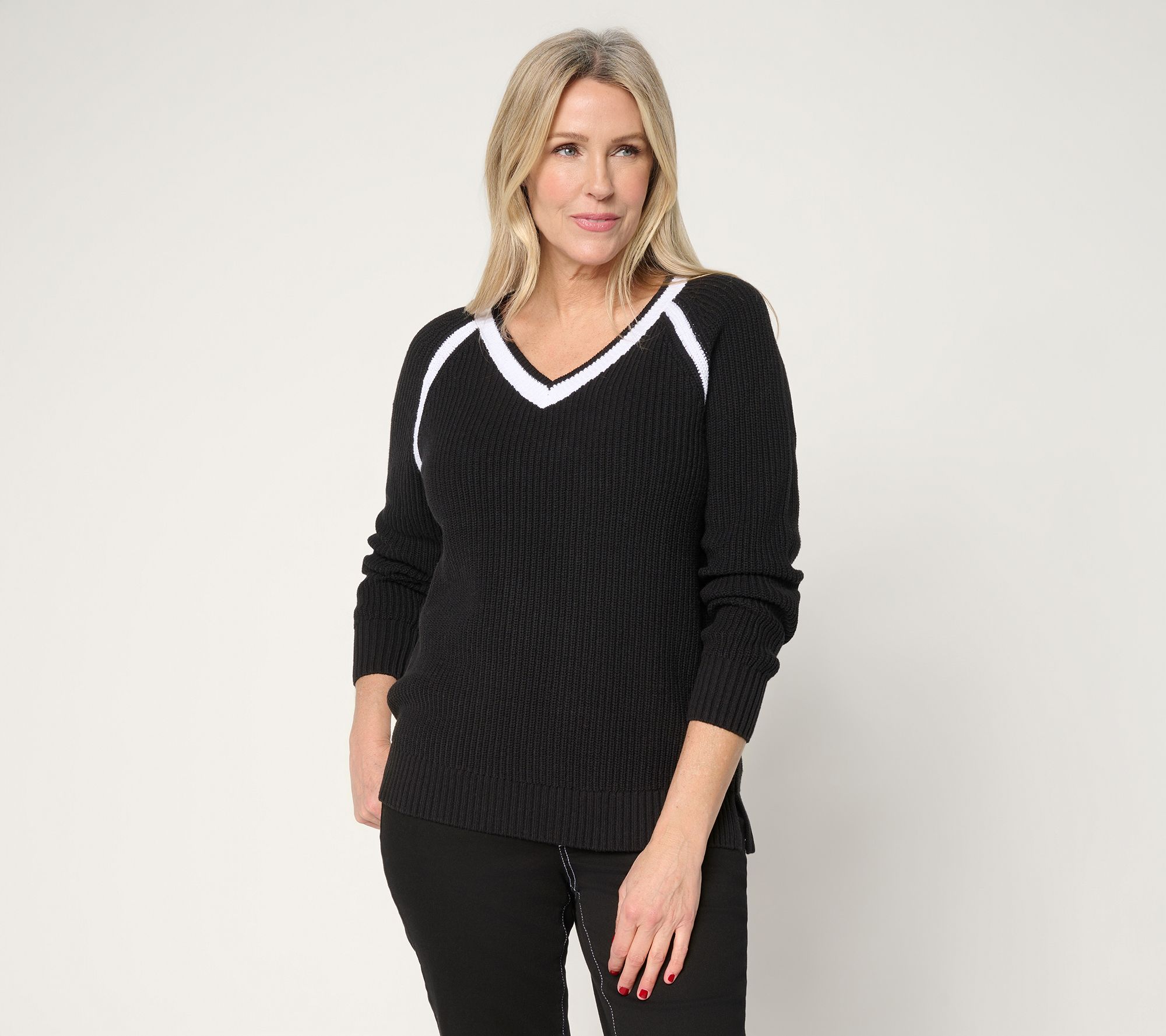 Belle by Kim Gravel Country Club Shaker Knit V Neck Sweater