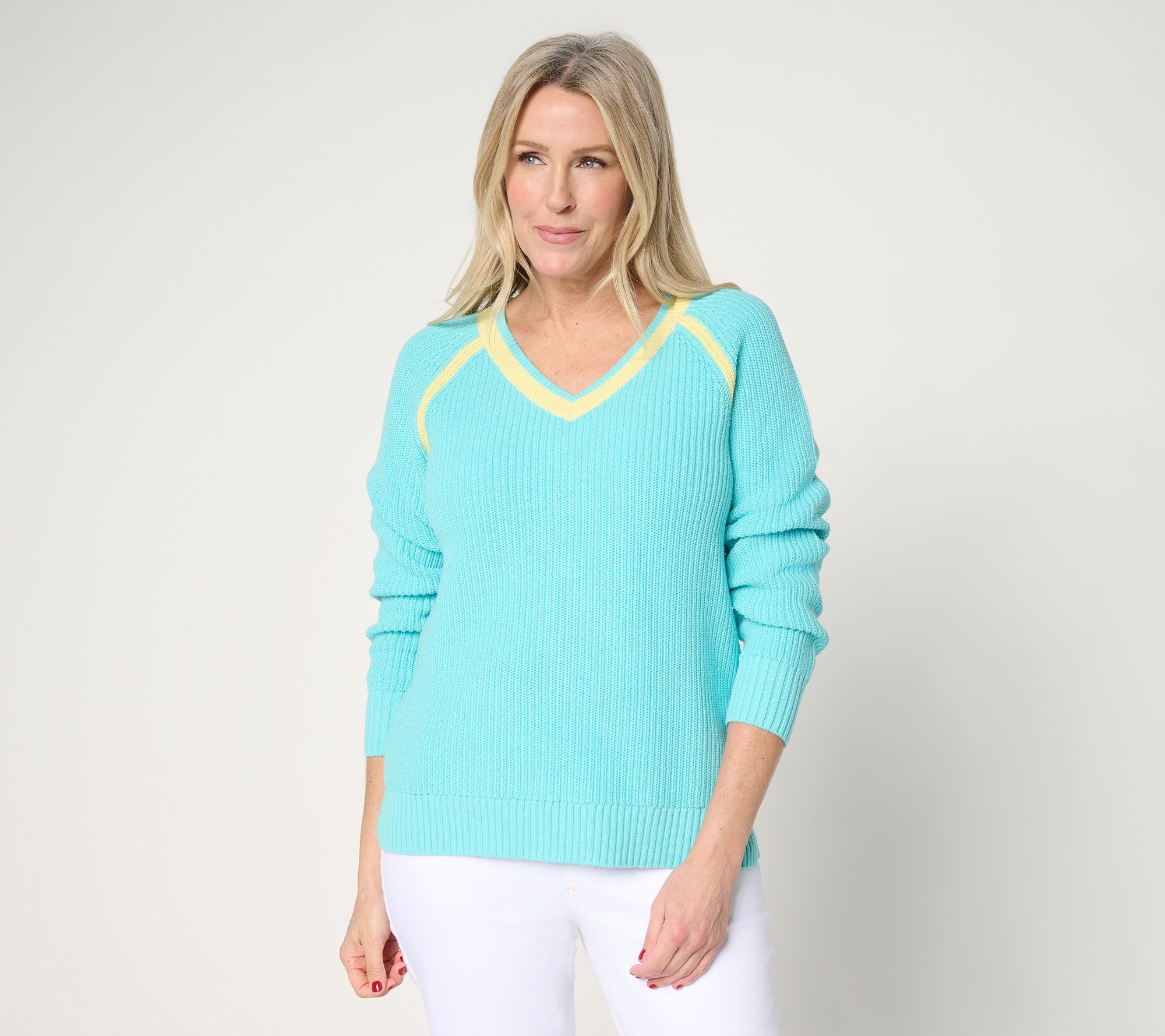 Belle by Kim Gravel Country Club Shaker Knit V Neck Sweater