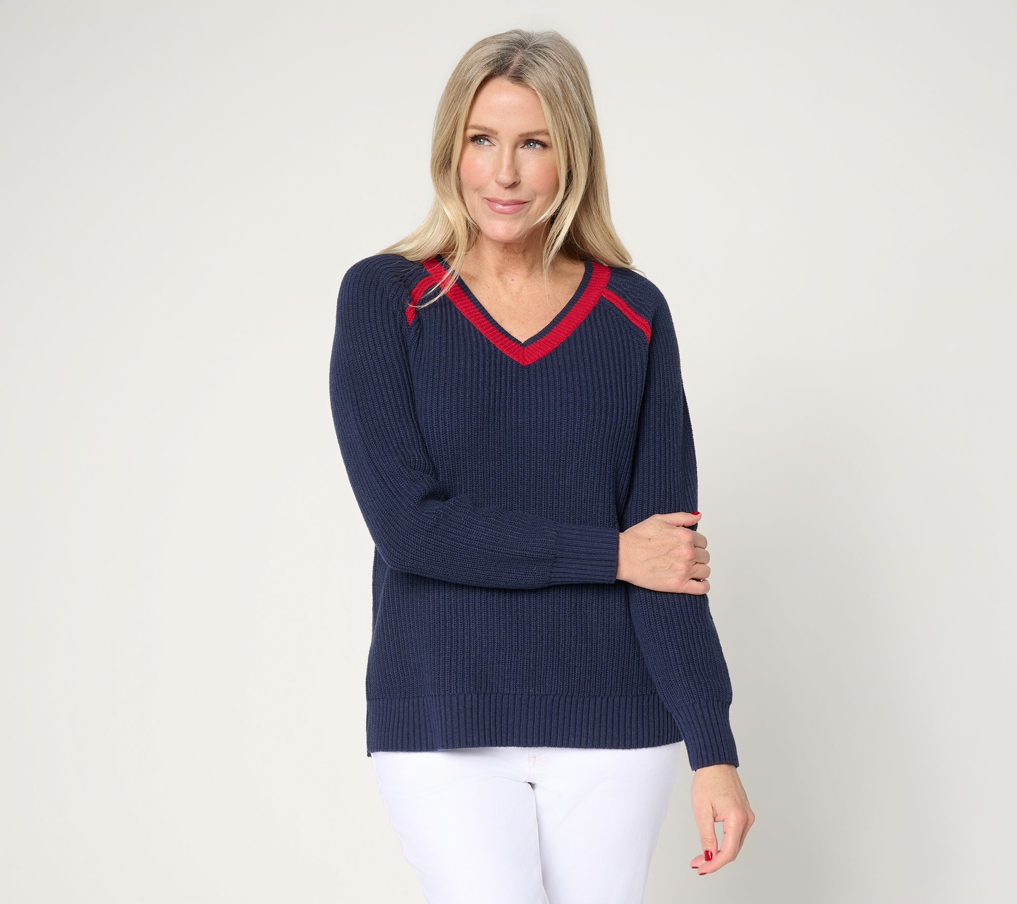 Belle by Kim Gravel Country Club Shaker Knit V Neck Sweater