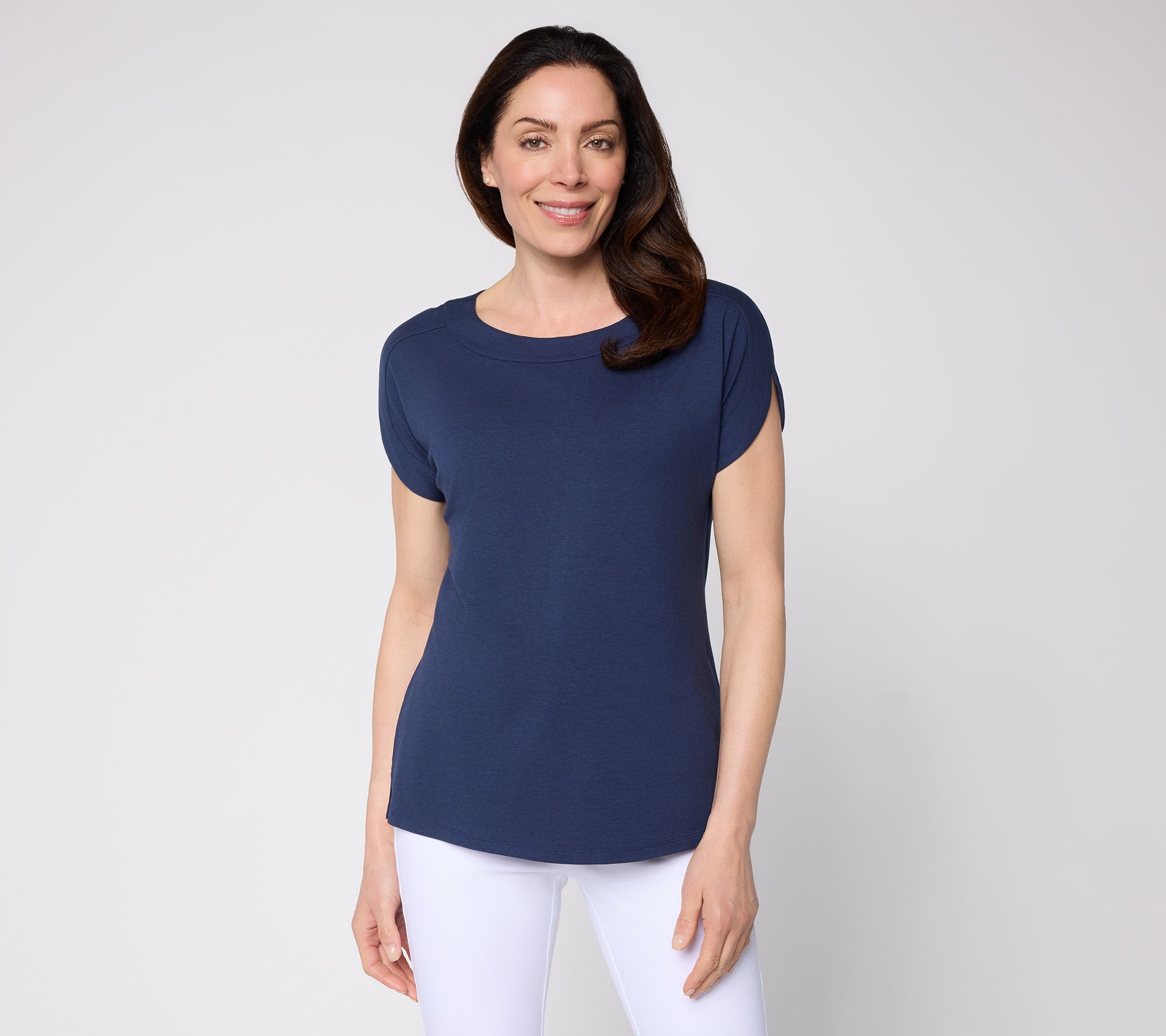 Denim & Co. So Soft Jersey Boat Neck Split Short Sleeve Top