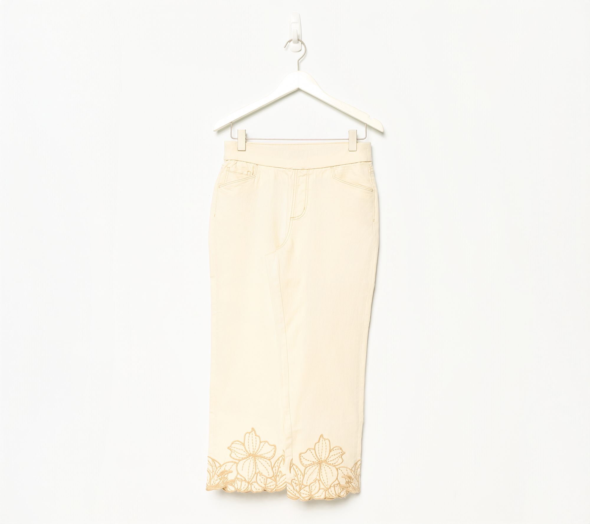 Susan Graver Petite Stretch Denim Floral Embroidery Hem Jean